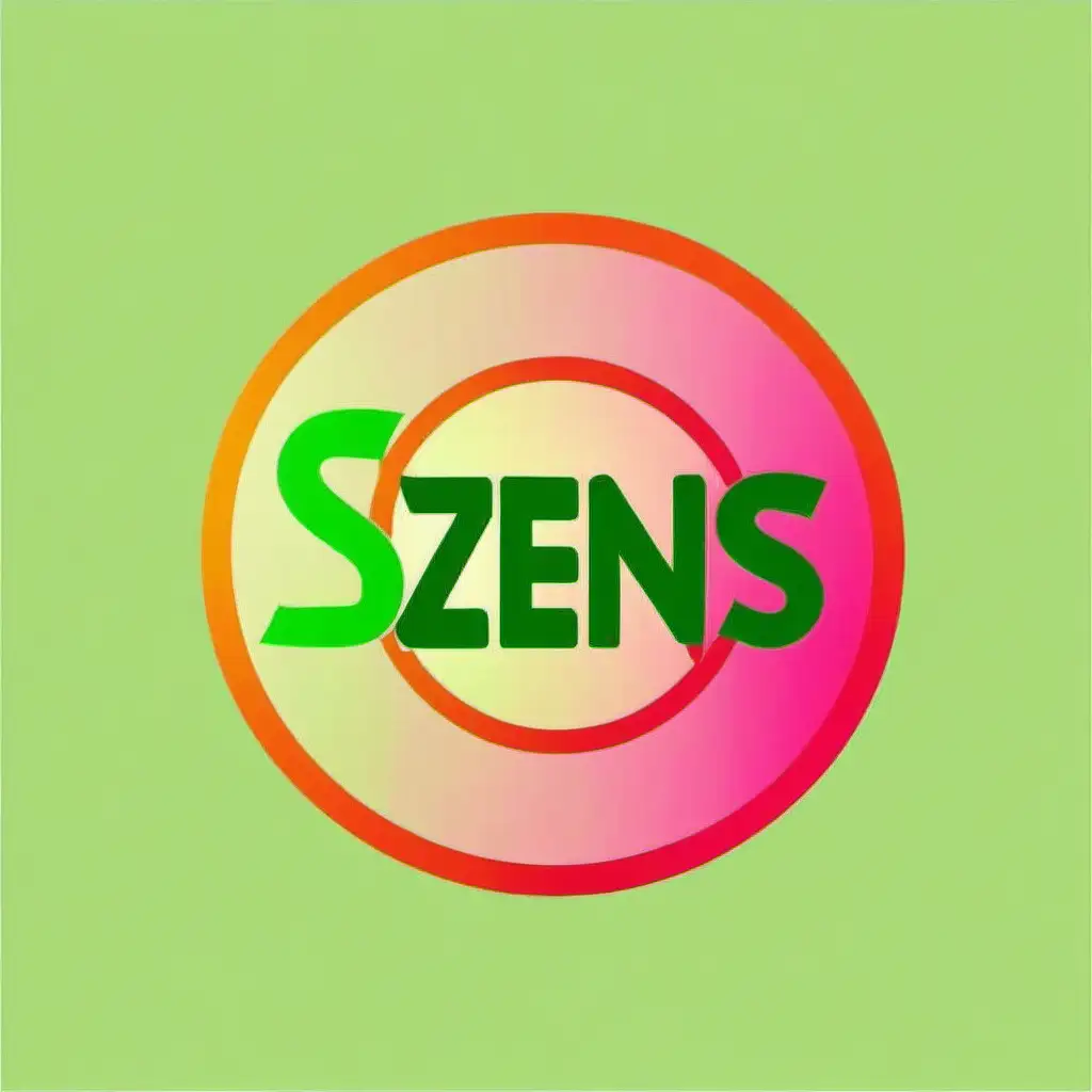 Vibrant Szens Logo in Green Pink and Orange on a Light Green Circular Background