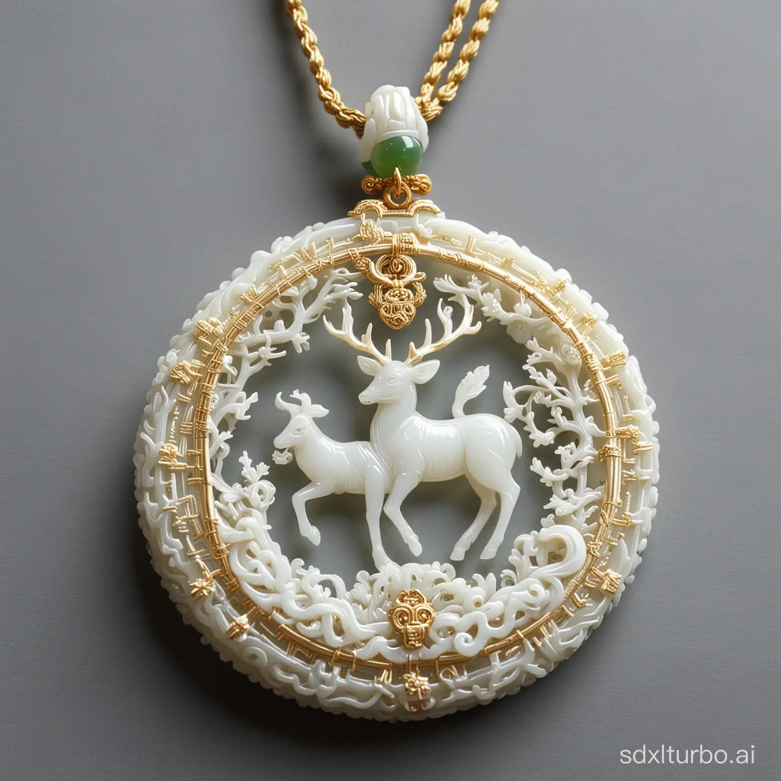 The cultural and creative jade pendant of 'The Deer King's Origin', round pendant, mainly made of white jade, crafted with carving techniques, with tassels made of braided golden threads.