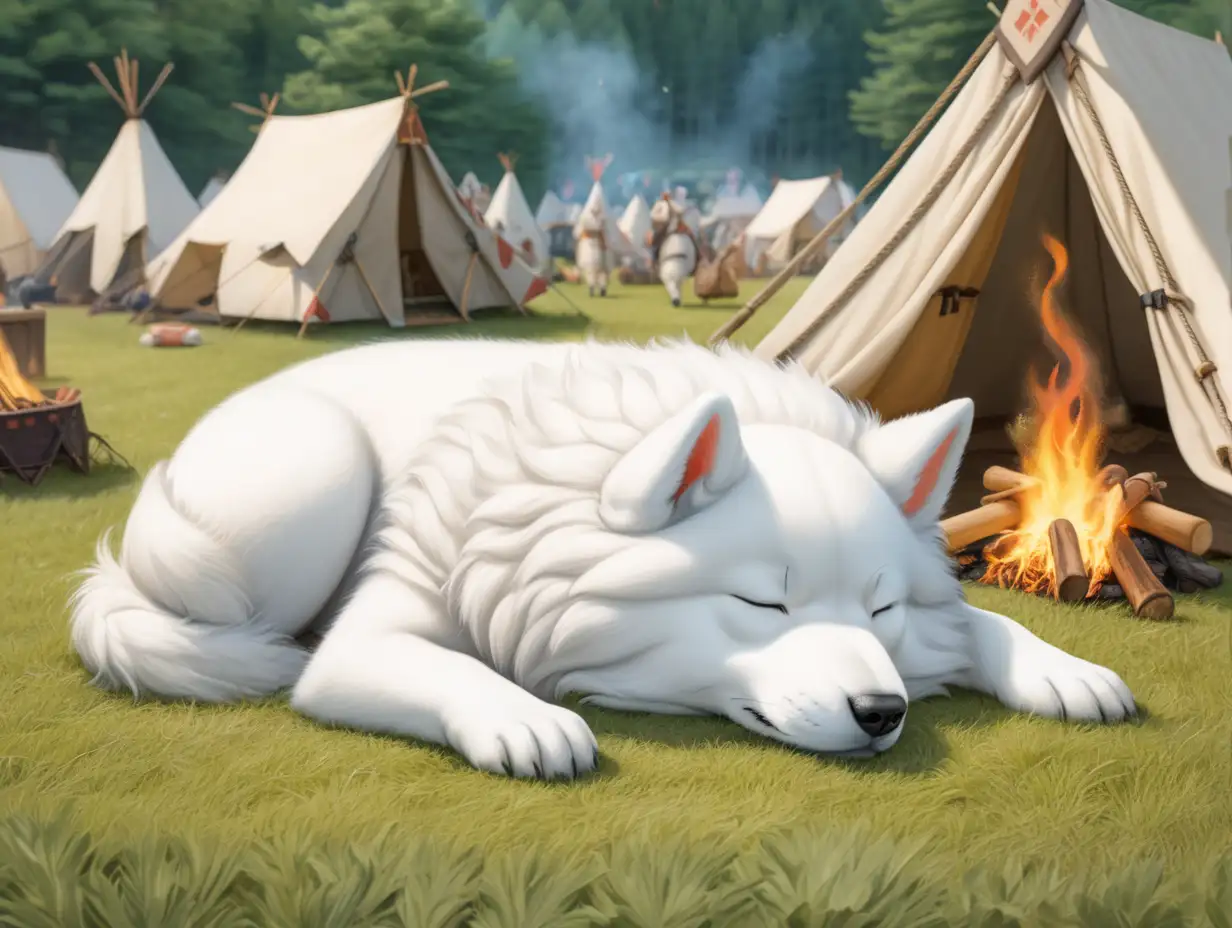 Ein komplett weißer Hokkaido Inu, der gerade in einem Lager auf einem Mittelalterfest schläft. Neben ihm brennt ein Lagerfeuer.  Der Boden ist von Gras bewachsen.