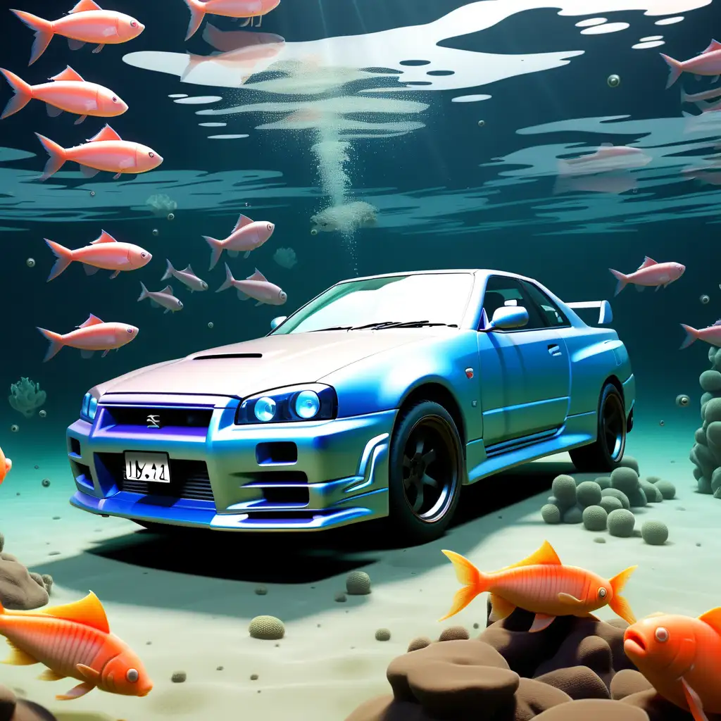 Nissan Skyline R34 Submerged in Underwater Aquarium with Surrounding Fish