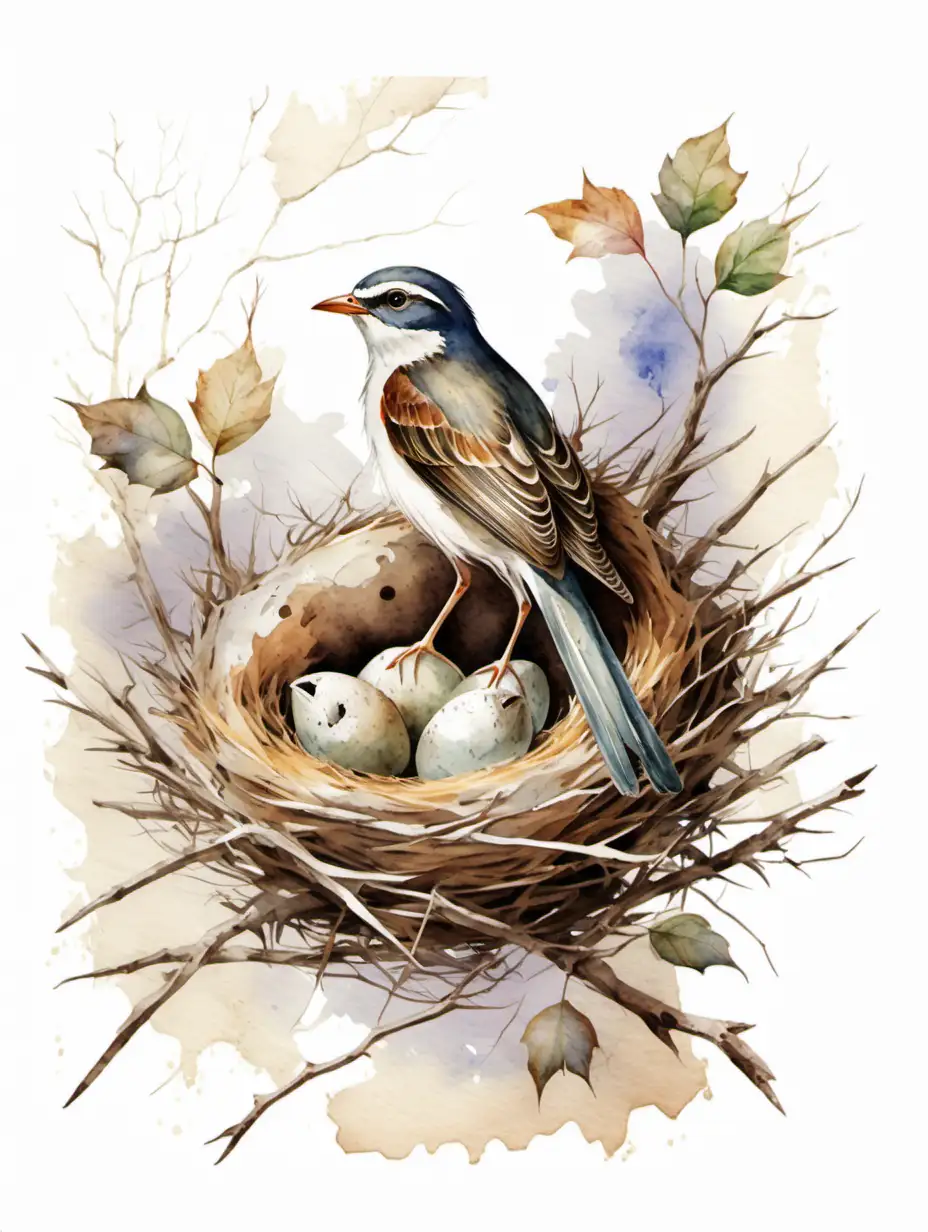 Vintage Rustic Watercolor Bird in Nest on White Background