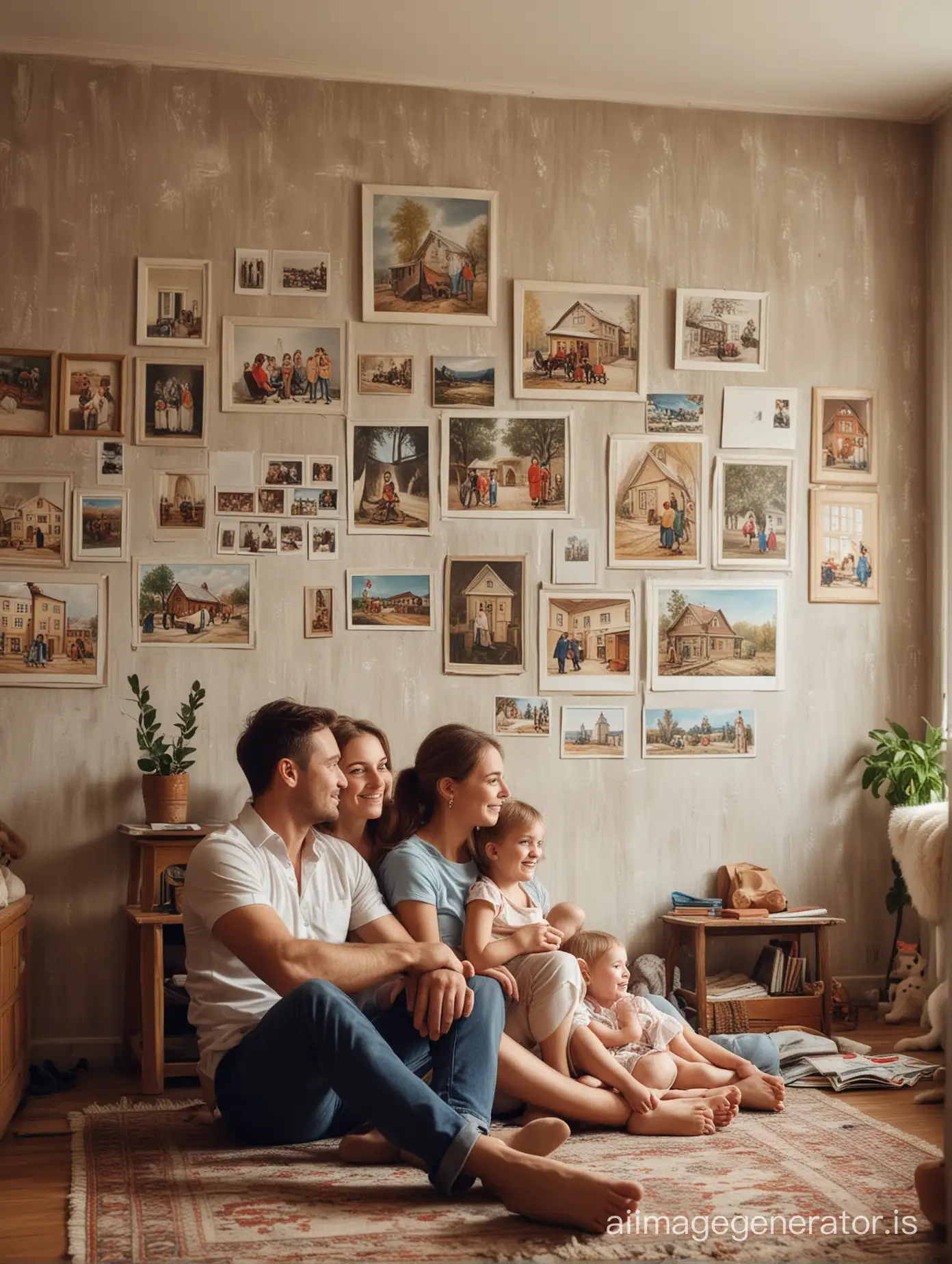 Photo of a Russian family in a city apartment, consisting of a mother, father, daughter, and son, sitting in their cozy small apartment. All family members are looking into the distance, dreaming of their future country house. Despite the limited space, the room feels warm and cozy. Family photos and children's drawings hang on the walls. The parents have dreamy smiles on their faces, while the children listen with excitement and interest to their stories about the future home.