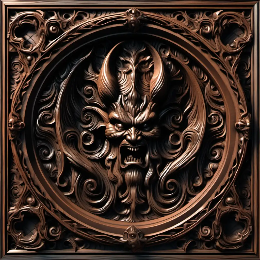 seamless 3d dark carved wood panel with dark wood ornate frame with a fantasy theme of demons


