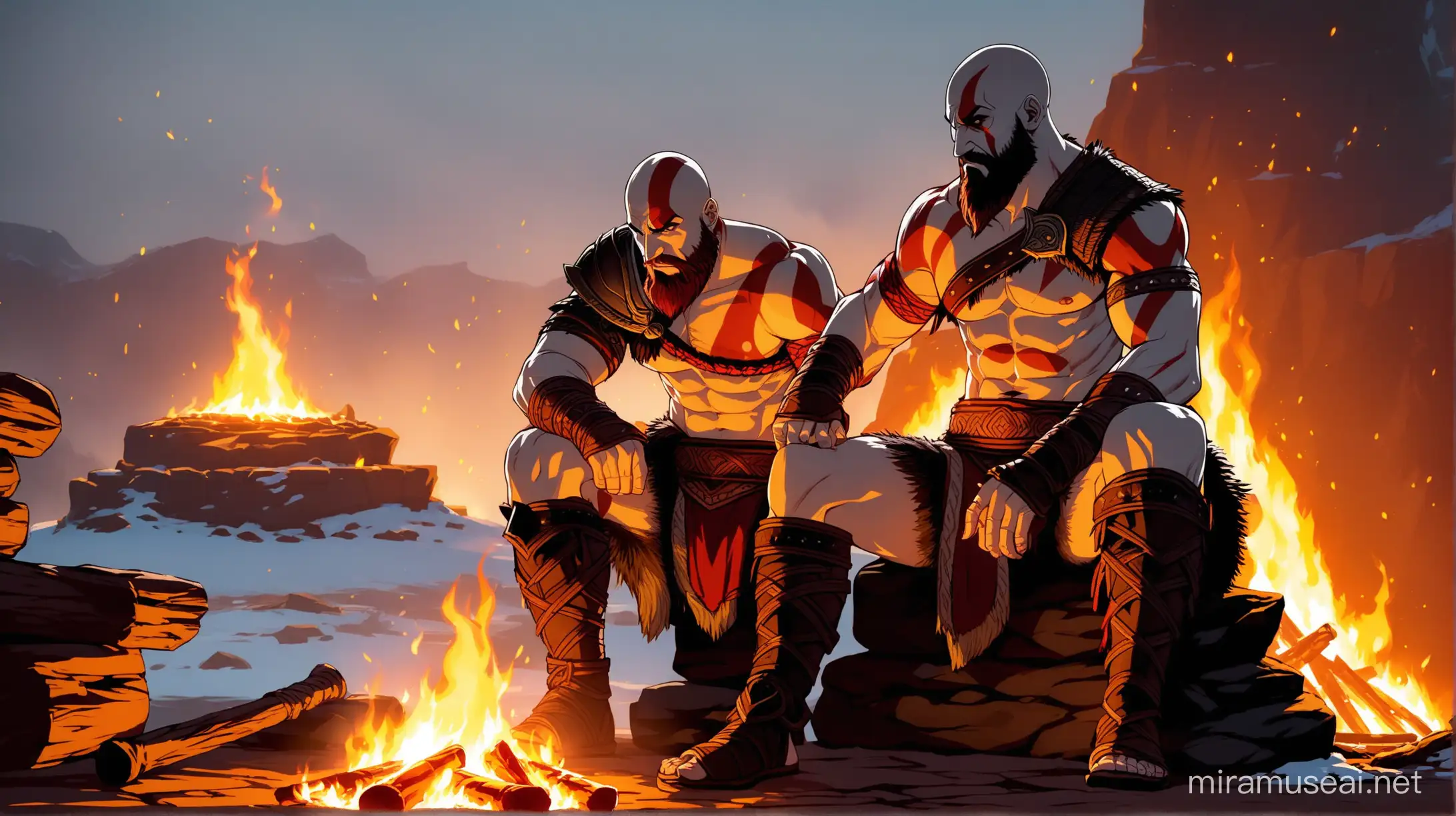 Kratos from god of war Ragnarok is sitting by a fire
