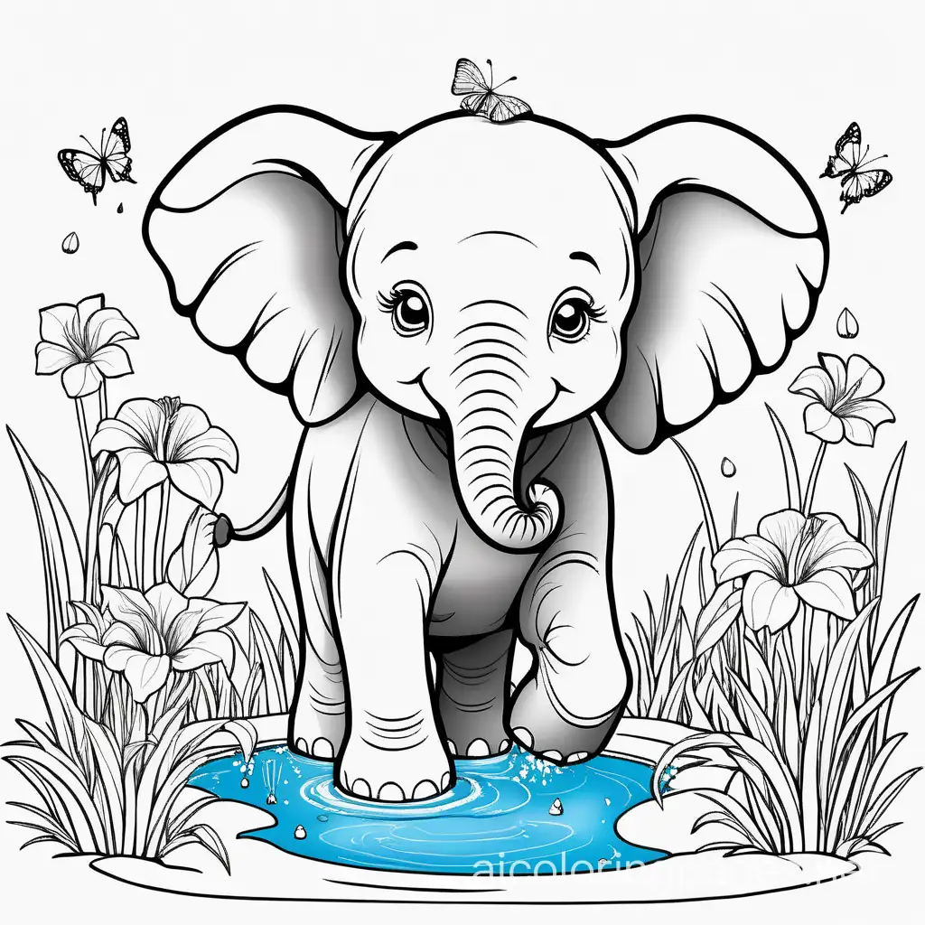 cute baby elephant splashing in a shimmering blue watering hole, surrounded by lush green grass and vibrant tropical flowers., Coloring Page, black and white, line art, white background, Simplicity, Ample White Space. The background of the coloring page is plain white to make it easy for young children to color within the lines. The outlines of all the subjects are easy to distinguish, making it simple for kids to color without too much difficulty
