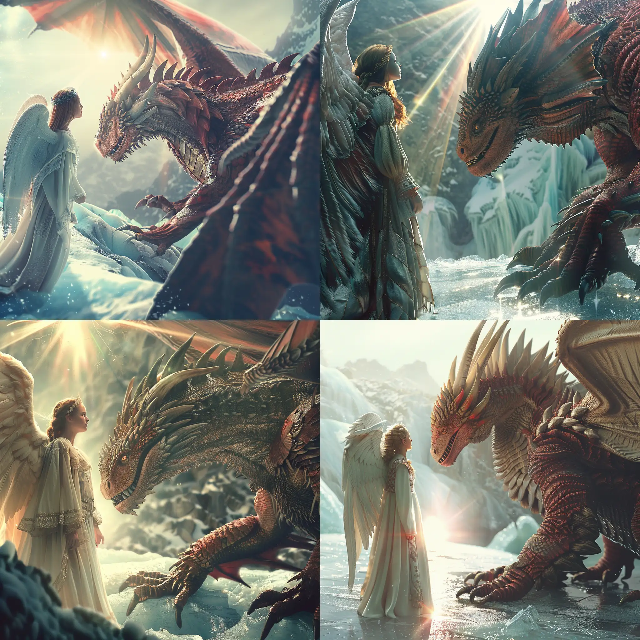 A highly detailed photographic image of a Beautiful medieval angel looking at a giant  and ancient 
 beautiful noble looking, massive,  majestic red dragon  with large  outstretched wings and a friendly face  beautiful, fine featured medieval angel. They are on a glacier shining in the light of the sun. Beautiful magical mysterious fantasy surreal highly detailed