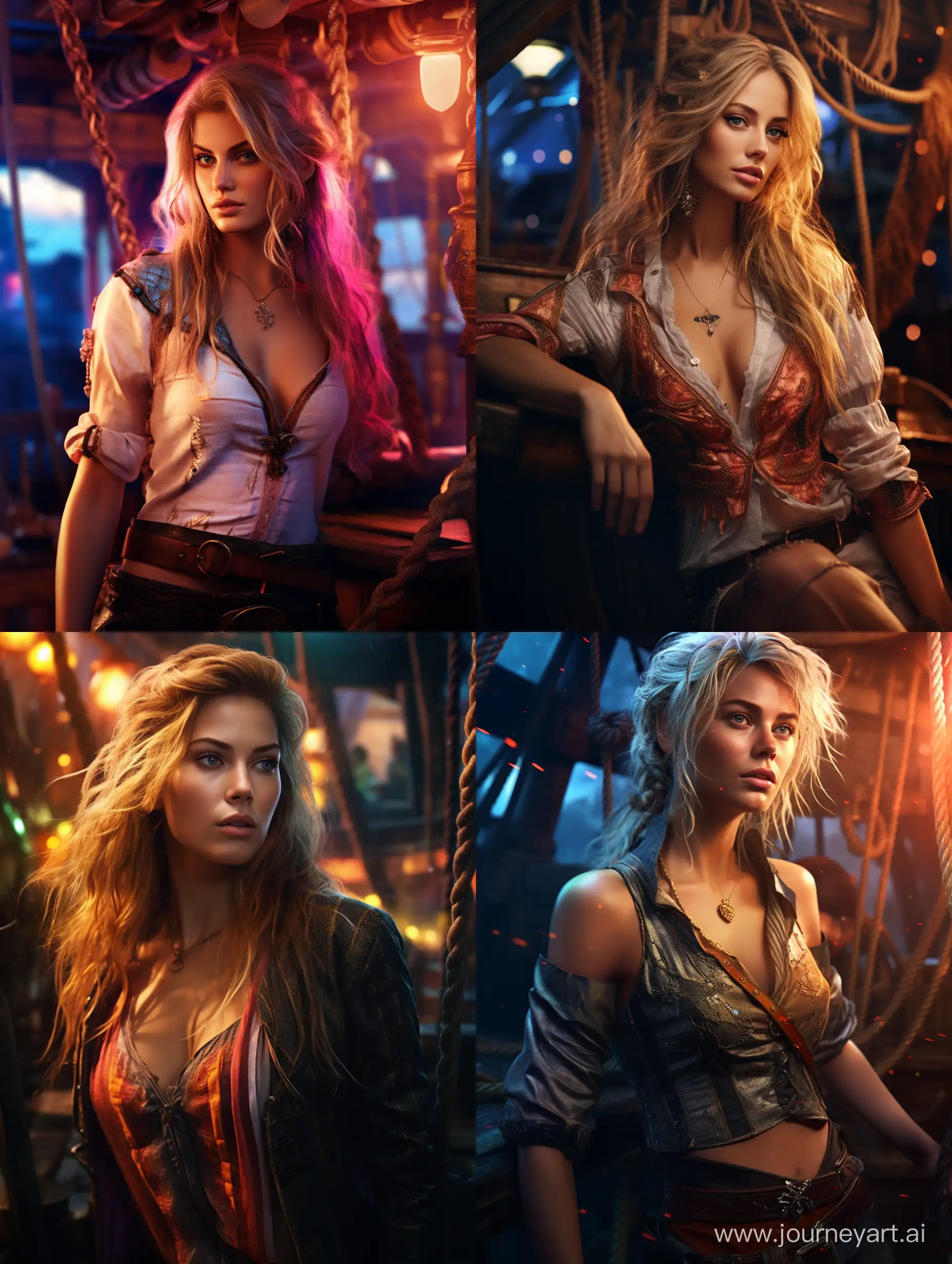 Danielle van de Donk, (aboard a pirate ship:1.50), intense coloration fantasy, light hair, a stunning realistic photograph 20 years , random colored hair, random color eyes, full body, cover, hyperdetailed painting, luminism, octane render, Bar lighting,  complex, 8k resolution concept art portrait by Martina Fačková and Prywinko Art, Artgerm, WLOP, Alphonse Mucha, Tony Taka, fractal isometrics details, photorealistic face, hypereallistic cover photo awesome full color, hand drawn, bright, gritty, realistic color scheme, davinci, .12k, intricate. hit definition , Beethoven, cinematic,Rough sketch, mix of bold dark lines and loose lines, bold lines, on paper , real life human