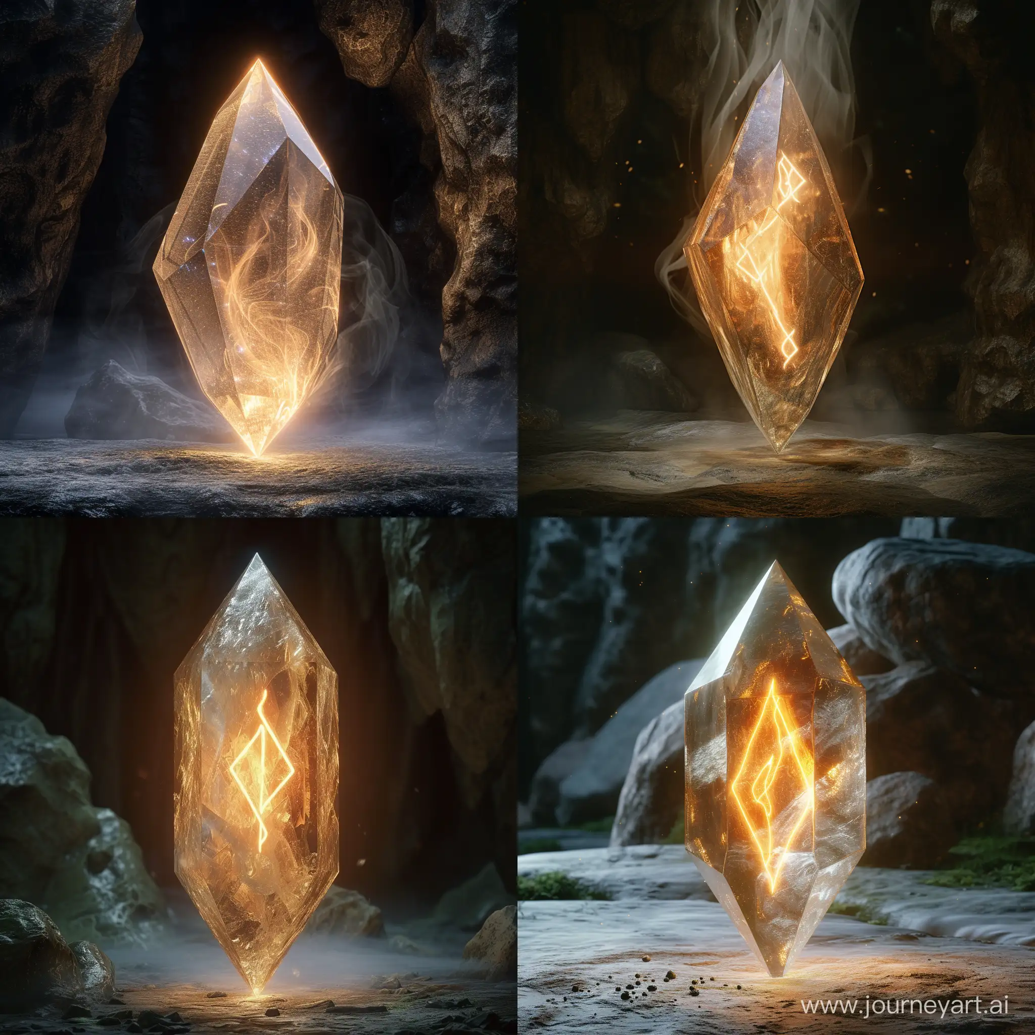 translucent light diamond-shaped crystal
inside with a light haze in the shape of an
flame sign called essence, cave, lotr,
realistic, fantasy, 4k, hd