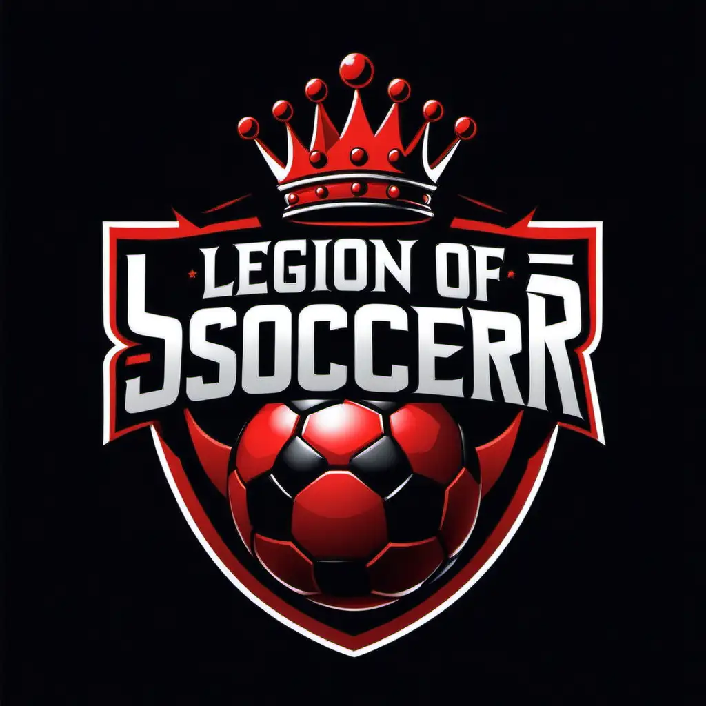 Create a "LEGION OF SOCCER" logo, only using black and red with a black background, add a crown on top of the logo.