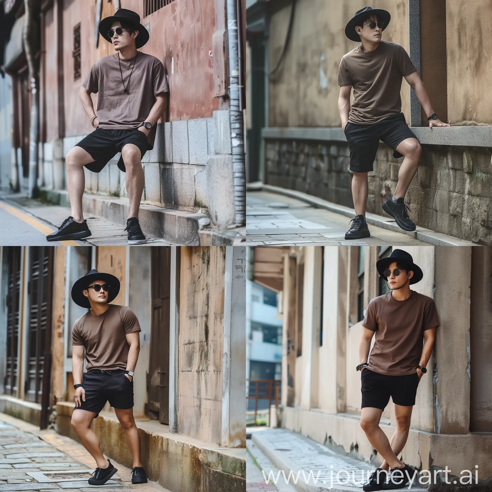A 28-year-old handsome Korean man wearing a black hat, sunglasses, brown t-shirt, black shorts, and black shoes, leaning against a wall with an expression of looking to the left, with a background of a building wall, realistic HD