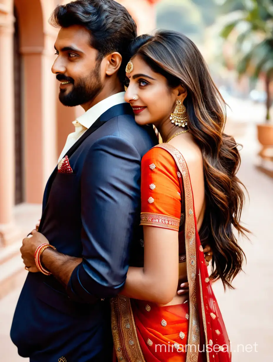 woman embracing man from behind. red dot, jewelry, elegant color saree, slevless, wide big eyes, full face, intricate details, photo realistic, 4k. 