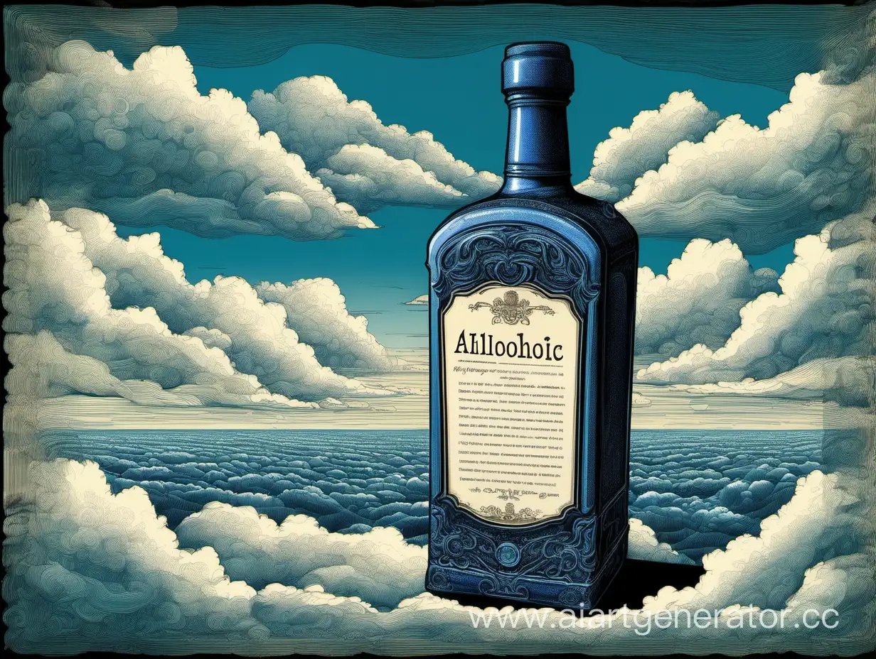 Generate a detailed description of an alcoholic beverage bottle. The background should be blue with clouds. The description should be visually appealing and include many details