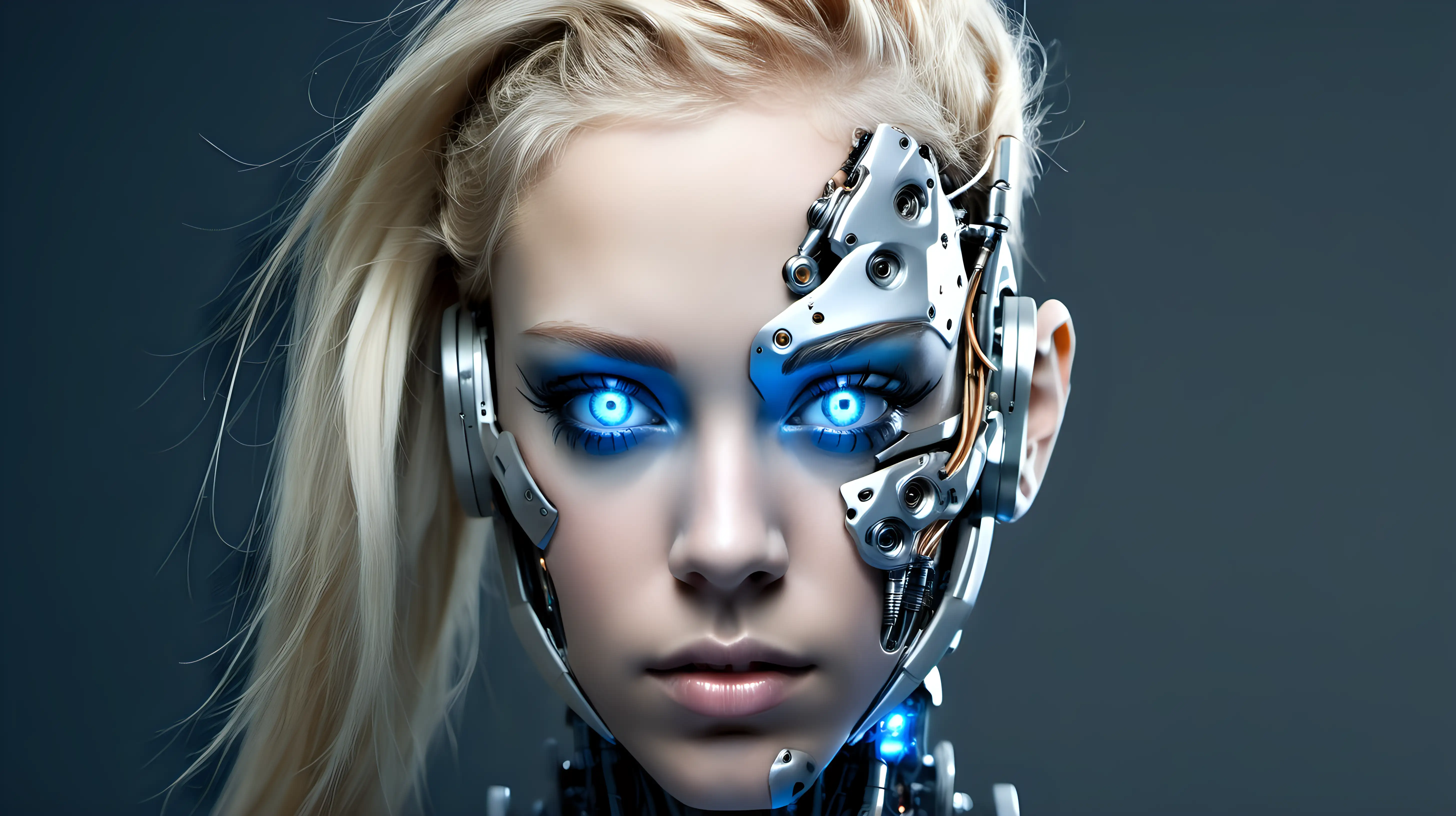 Cyborg woman, 18 years old. She has a cyborg face, but she is extremely beautiful. Blonde. Blue eyes. 