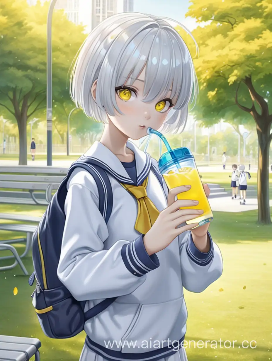 anime girl, white short hair, school uniform, yellow eyes, drink water, before training, in park