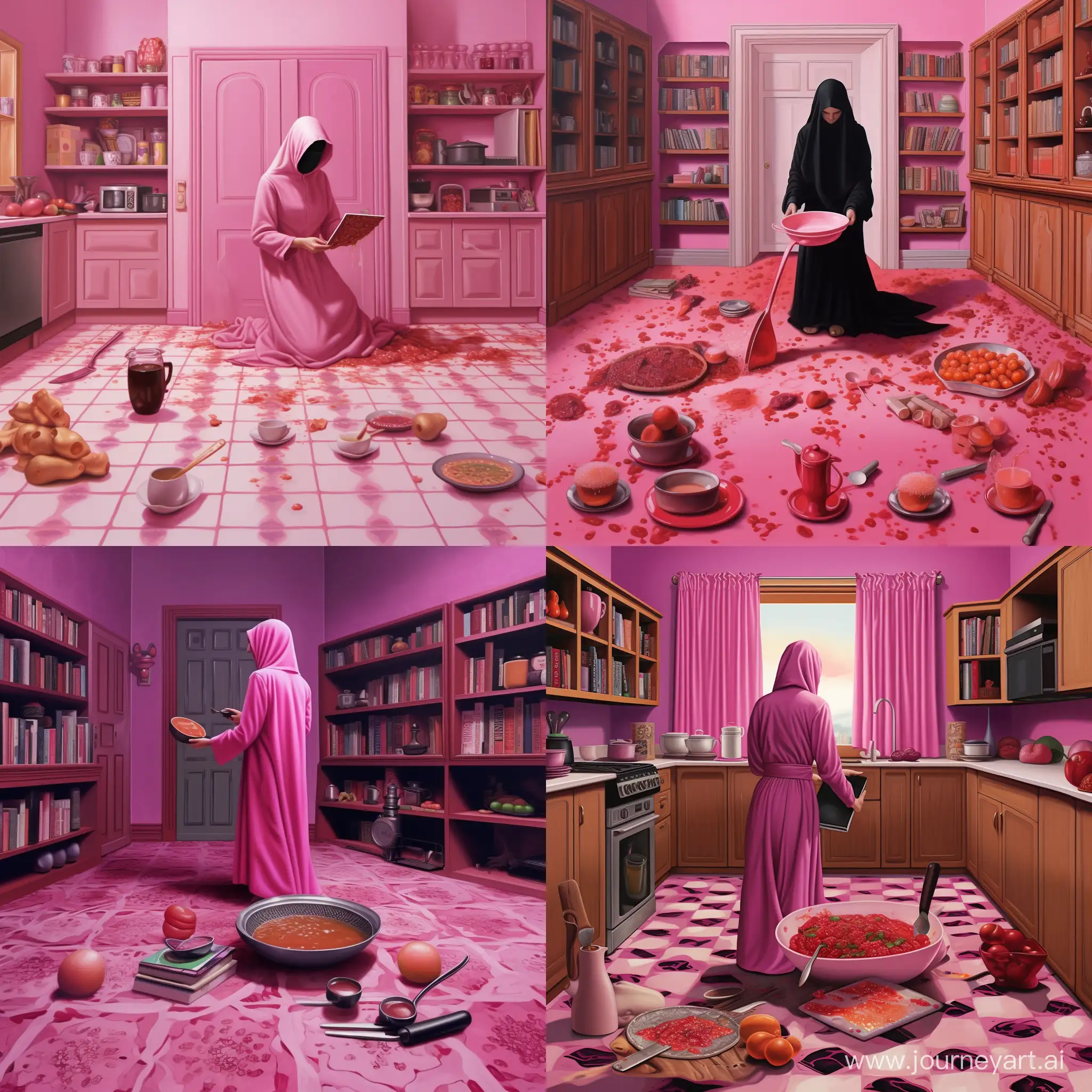a woman in a pink burqa without a face is standing in a pink room, she has a whisk for a mixer in her hands, she is a pastry chef,there is a cupboard in the room there are various pink books on the floor there are white tiles