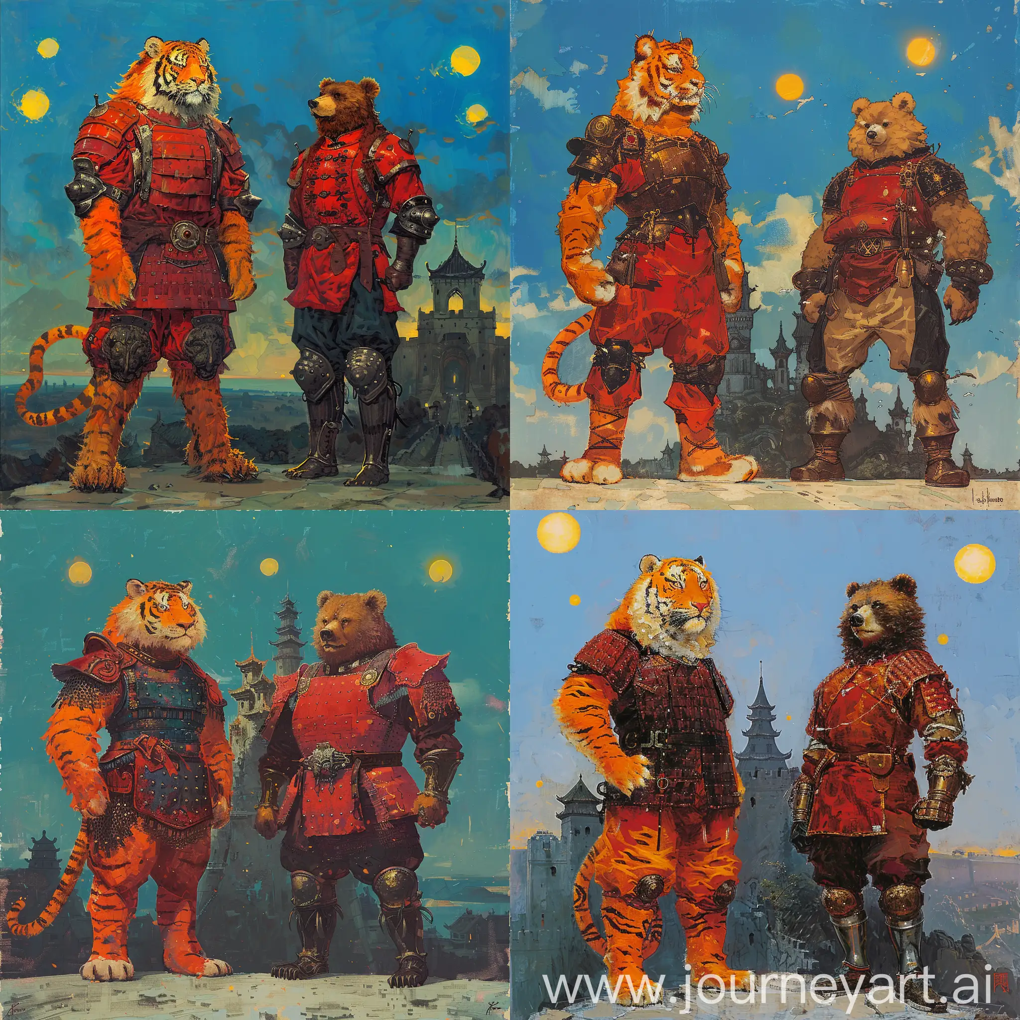 Medieval-Tiger-and-Bear-Warriors-in-Ming-Dynasty-Armor-with-Castle-Background