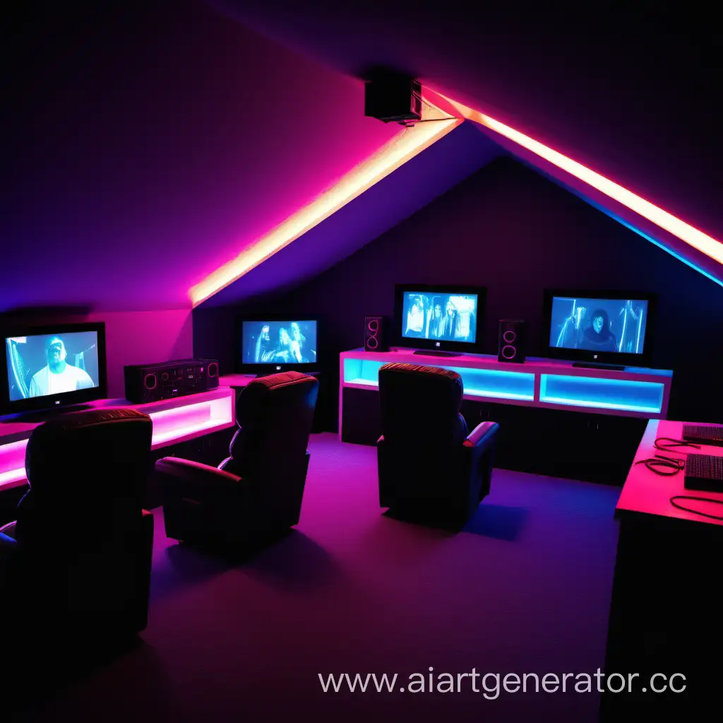 neon computer club 4 people on one side 4 on the other 2 servers home cinema neon style in the attic