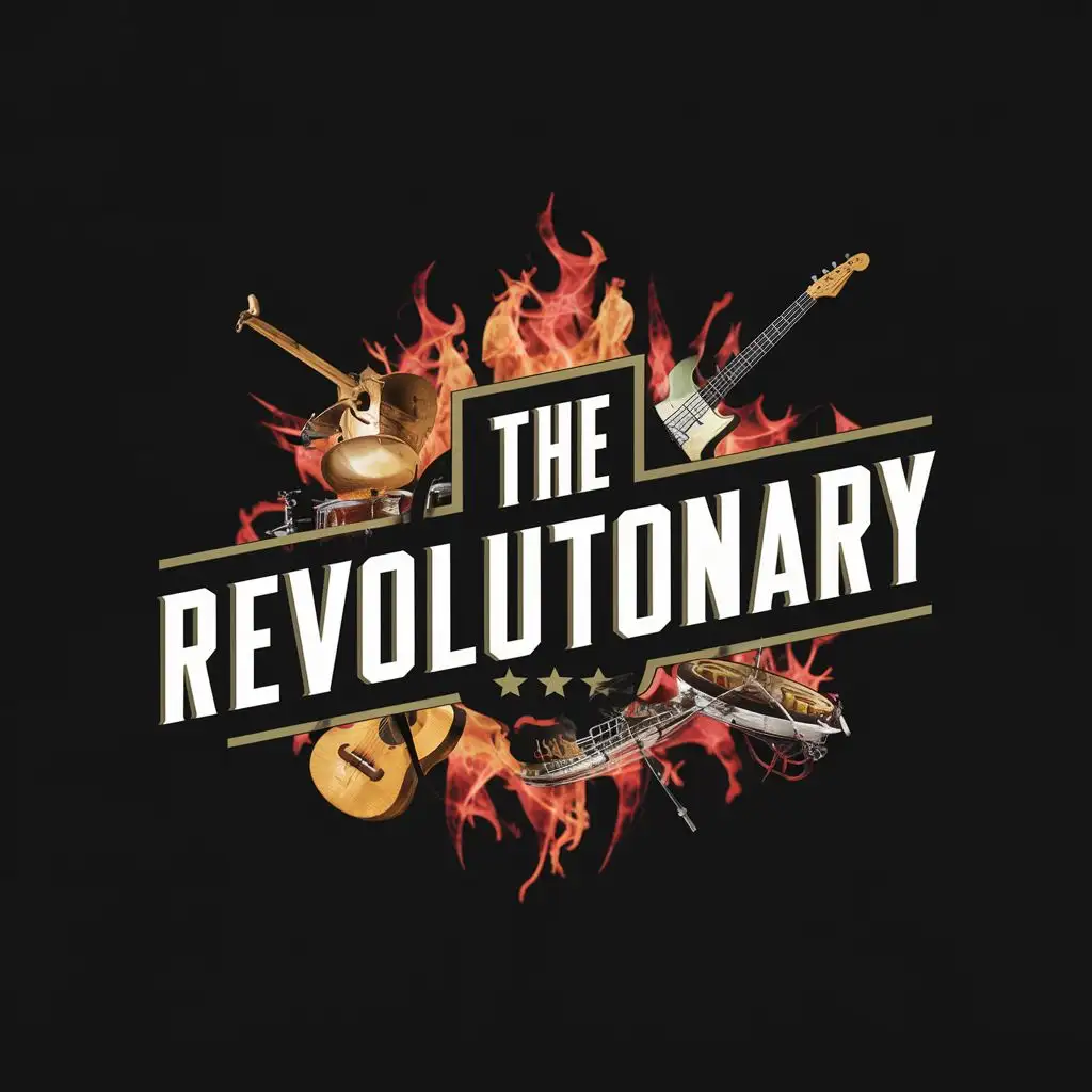 logo, Musical Instruments, Blood and Fire, with the text "The Revolutionary", typography, be used in Entertainment industry