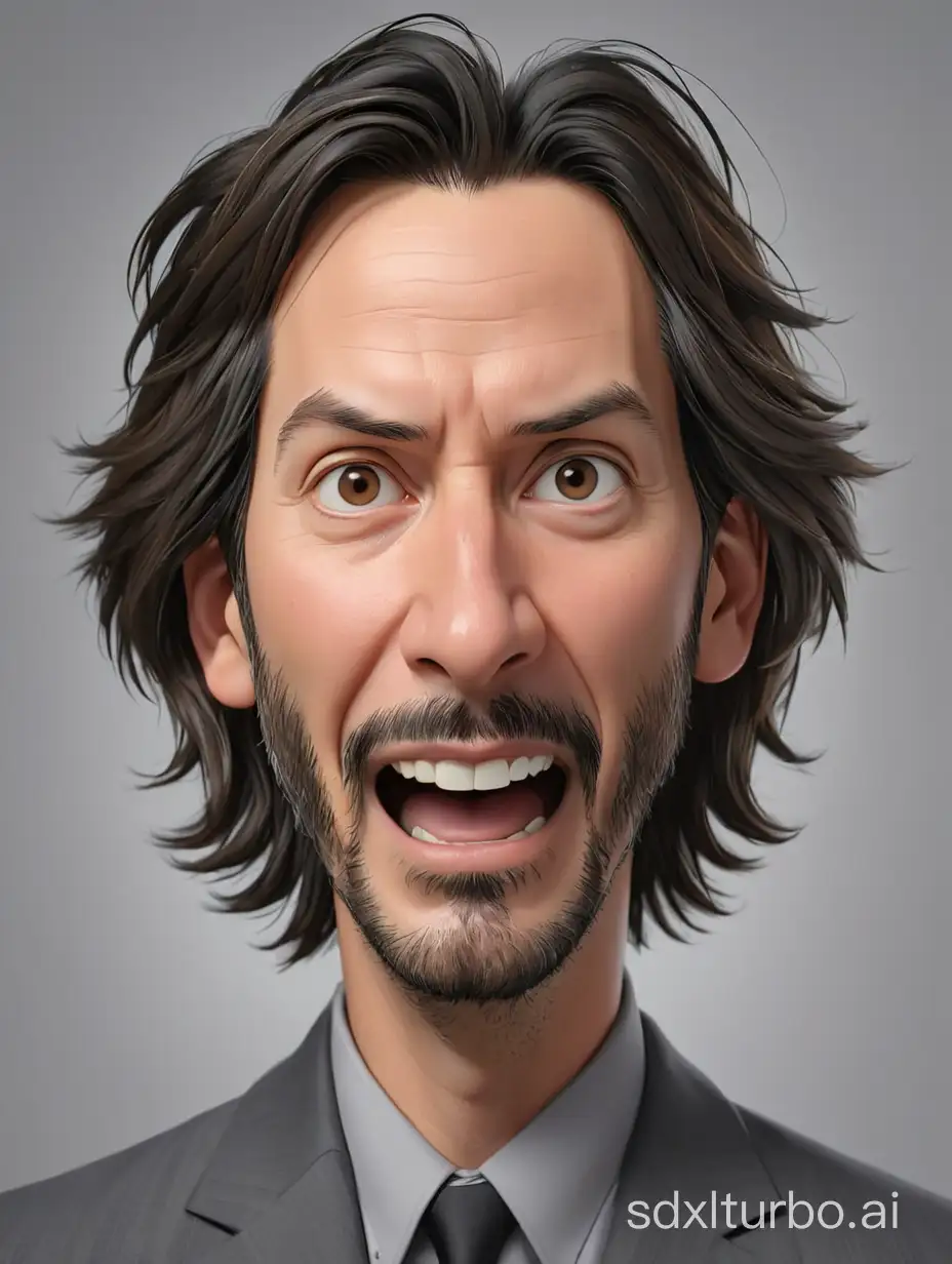 Whimsical-Caricature-of-Keanu-Reeves-on-a-Gray-Background