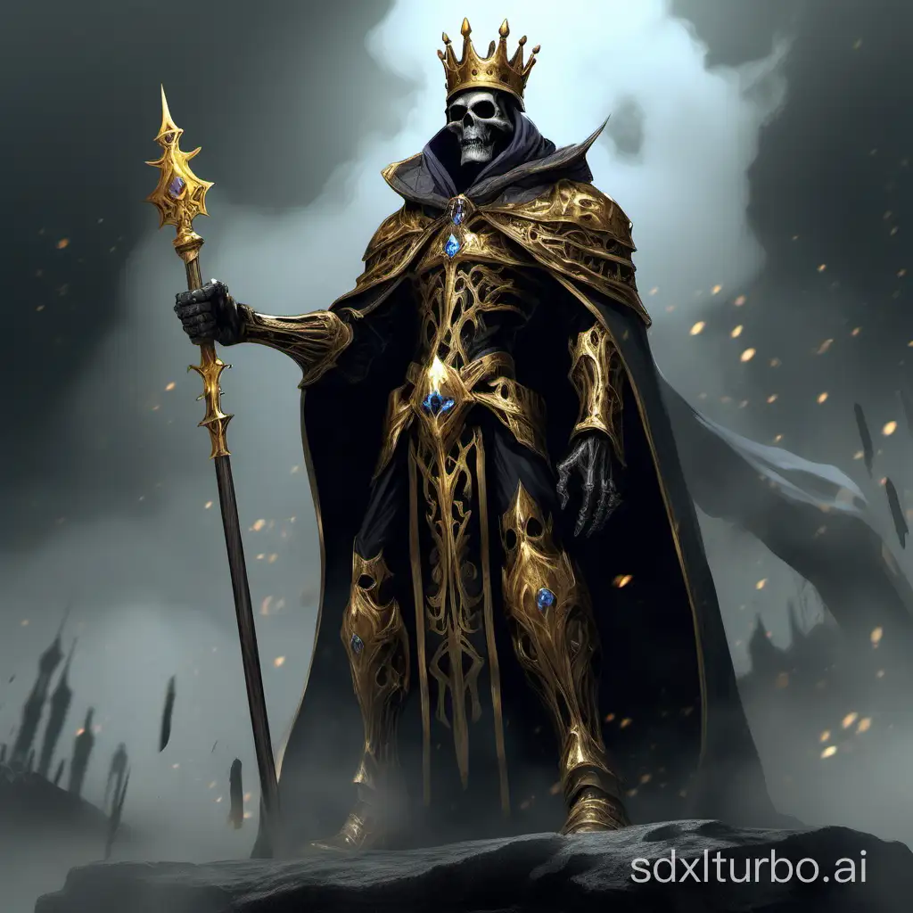 A cool Lich wearing a thin golden crown and a rugged ashen cape, black crown, inspired by Heroes of Might and Magic.