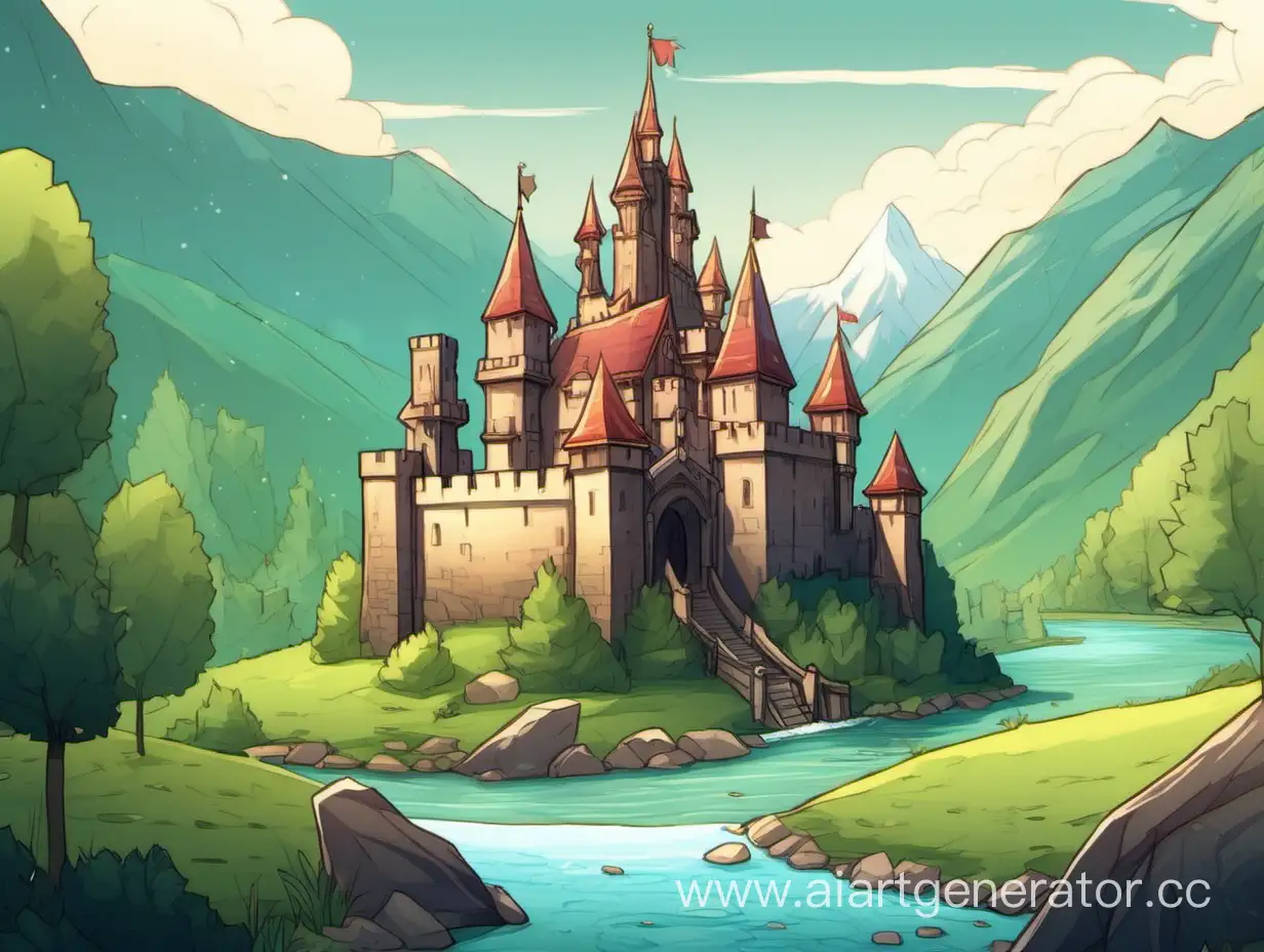 Enchanting-2D-Castle-Surrounded-by-River-and-Majestic-Mountains