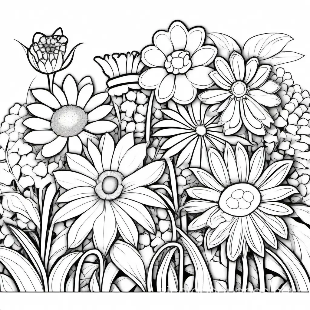 Multiple kinds of flowers, Coloring Page, black and white, line art, white background, Simplicity, Ample White Space. The background of the coloring page is plain white to make it easy for young children to color within the lines. The outlines of all the subjects are easy to distinguish, making it simple for kids to color without too much difficulty