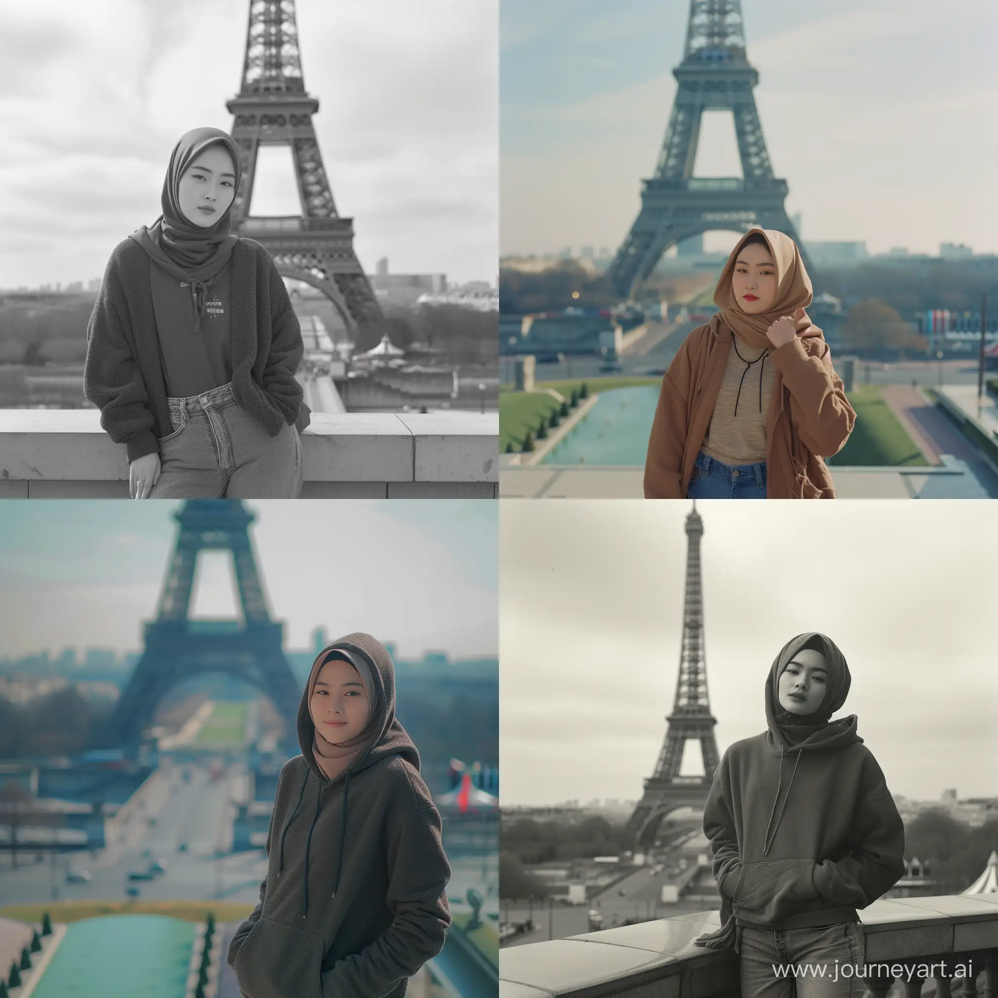 a Javanese Indonesian woman (25 years old, oval and clean face, hijab, thin body, Indonesian-style skin, wearing a thick winter hoodie t-shirt, jeans) standing posing like a model, behind her is the Eiffel Tower near the woman, the photo is slightly tilted to the side, you can see his face, beautiful bright view, minimal lighting. ultra HD, real photo, very detailed, very sharp, 18mm lens, realistic, photography, leica camera