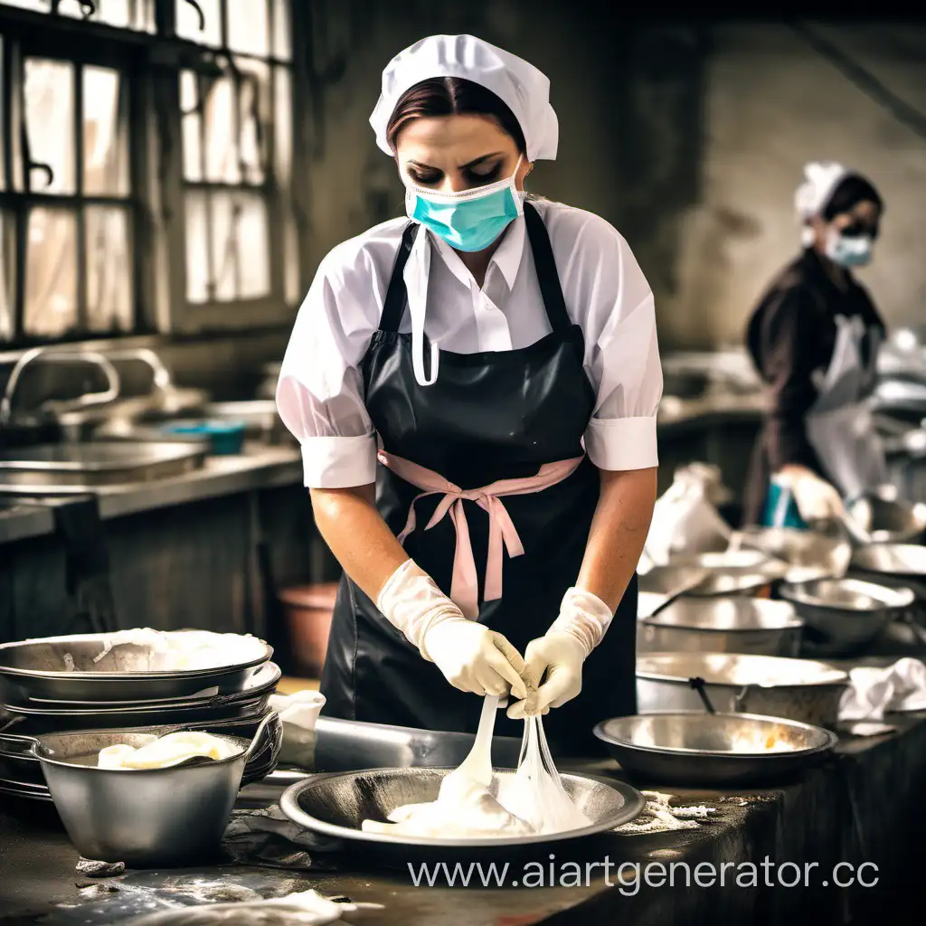 French-Maid-Junkyard-Worker-Washing-Dishes-in-Soiled-Apron-and-Medical-Mask