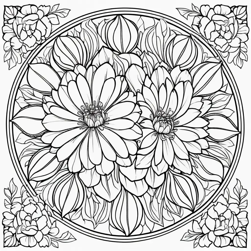 coloring book image, thin black lines, patterned floral mandala pattern, peonies 