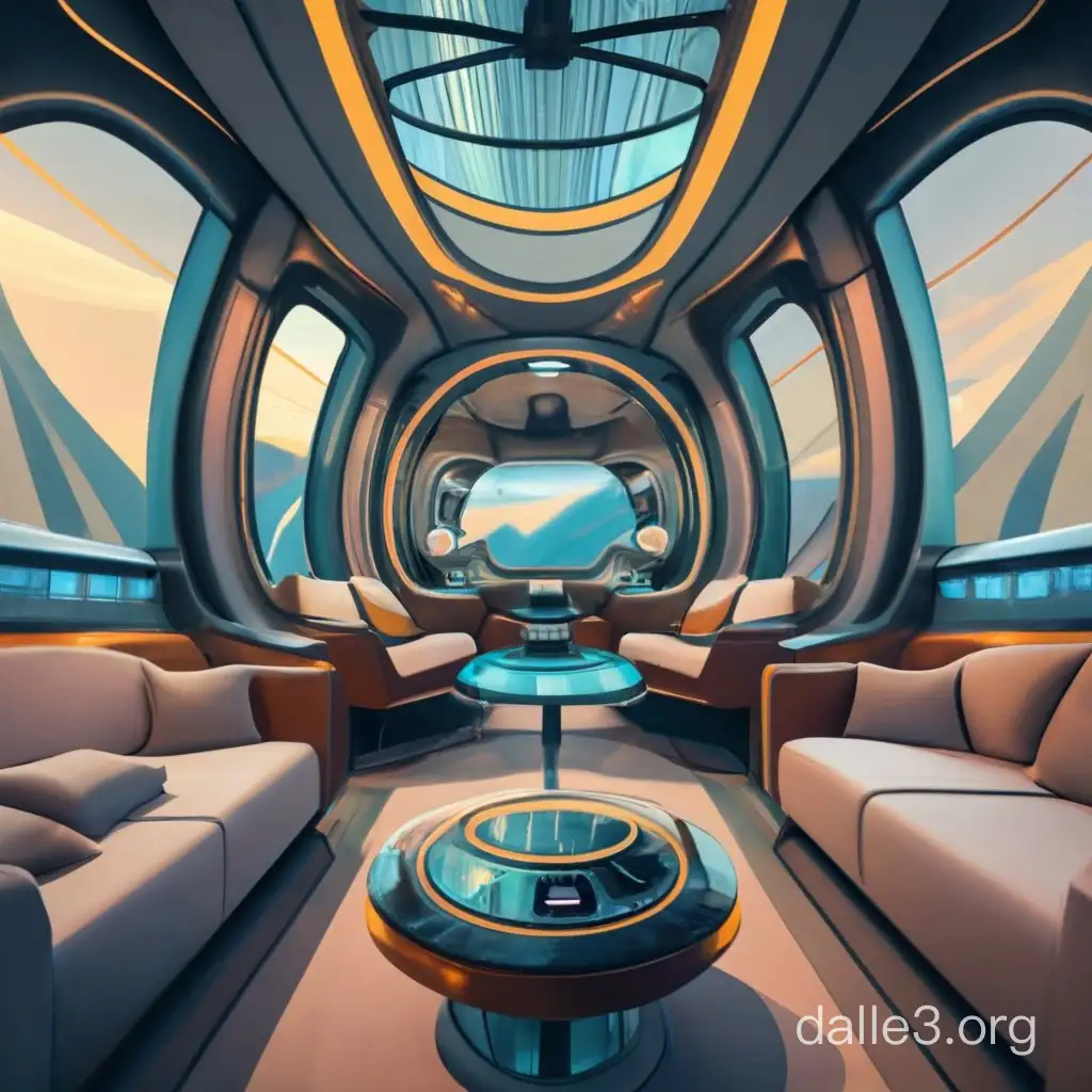 Futuristic train cabin with streamlined shapes and control room and a huge windshield in the center.