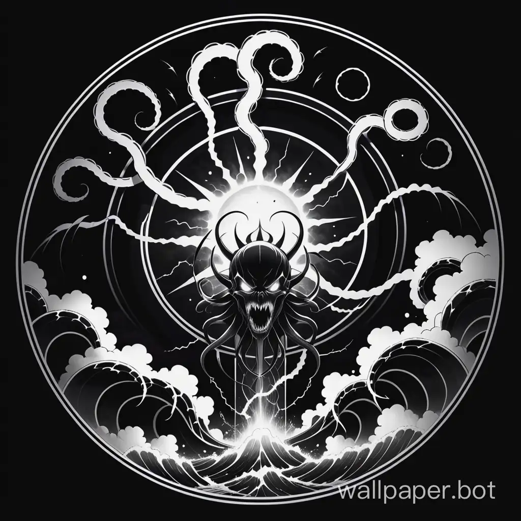 Horror tattoo lineart, chaos masterpiece, simetric dark black clouds pattern, evil thick tentacles, explosive circular lightning waves pattern centered,   blackwork,  black, explosive Lightning circular pattern , chaos, stencil,  monochromatic, high contrast,