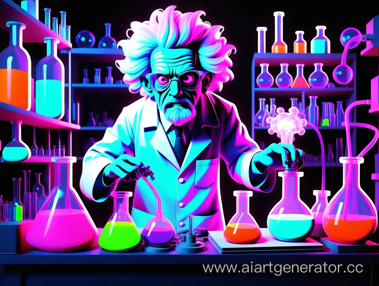 mad scientist lab, bright neon colors:: blacklight, multicolor line art:: --ar 3:2