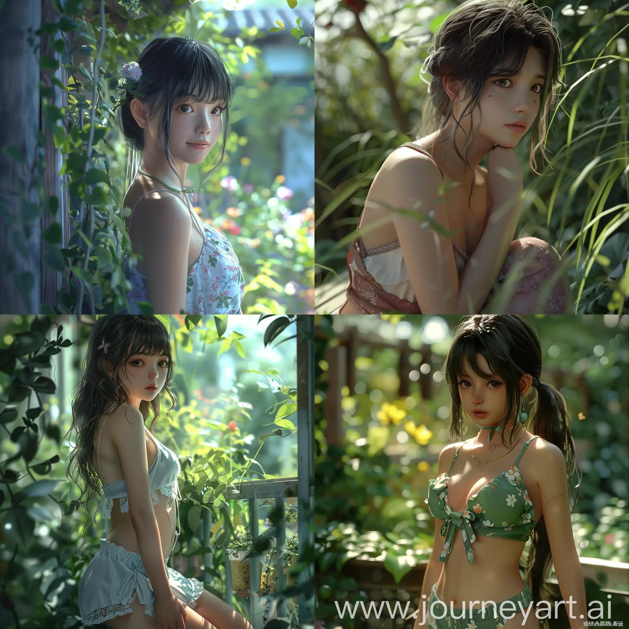 photorealistic,shy,cute,beautiful,1 girl,slightly chubby,sexy pose,garden,chinatsumura