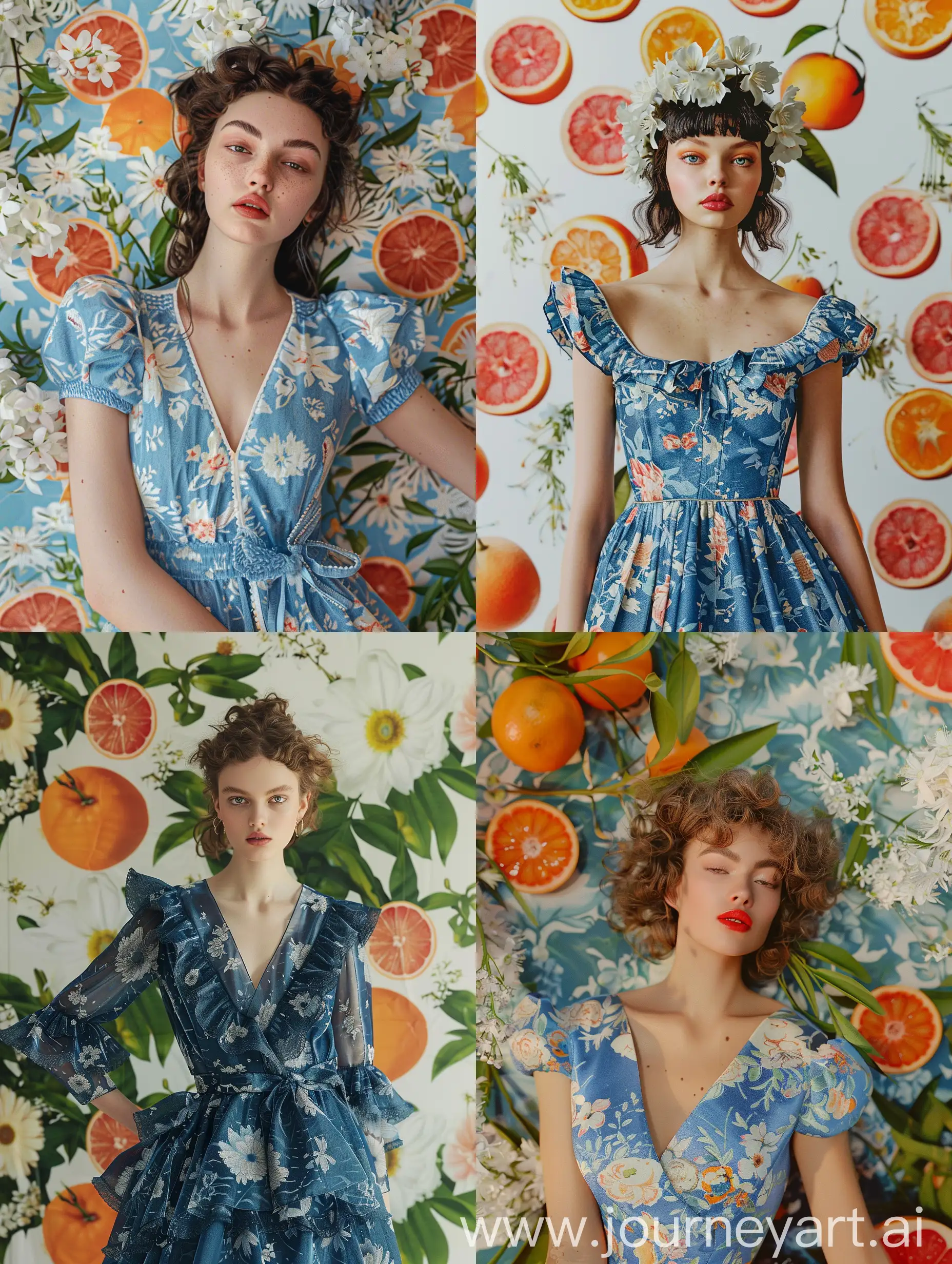 fashionable rebellious model, blue vintage dress mix Prada, photo in color, background with wallpaper with white jasmine, orange blossom, elderflower, tangerine, orange, grapefruit, vanilla, juniper, very realistic. v6