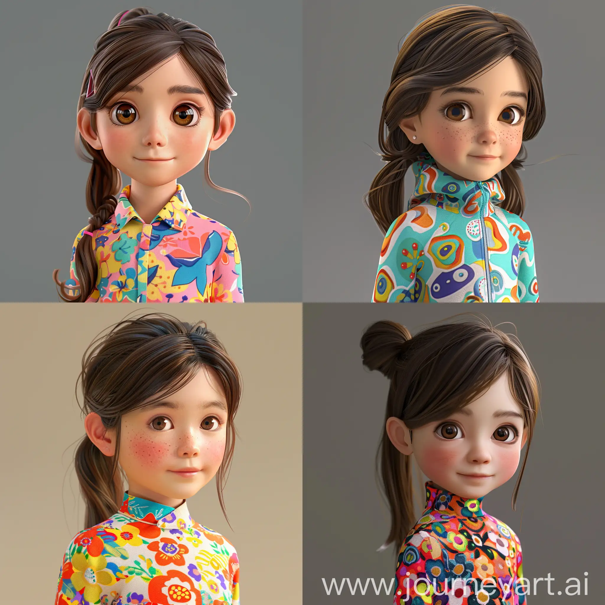 An 8 year old girl who is 75% caucasian and 25% korean. Brown hair and brown eyes. 3d type art in a pixar type style. Wearing matching fun colorful clothing with mid length hair pulled back in a pony tail.