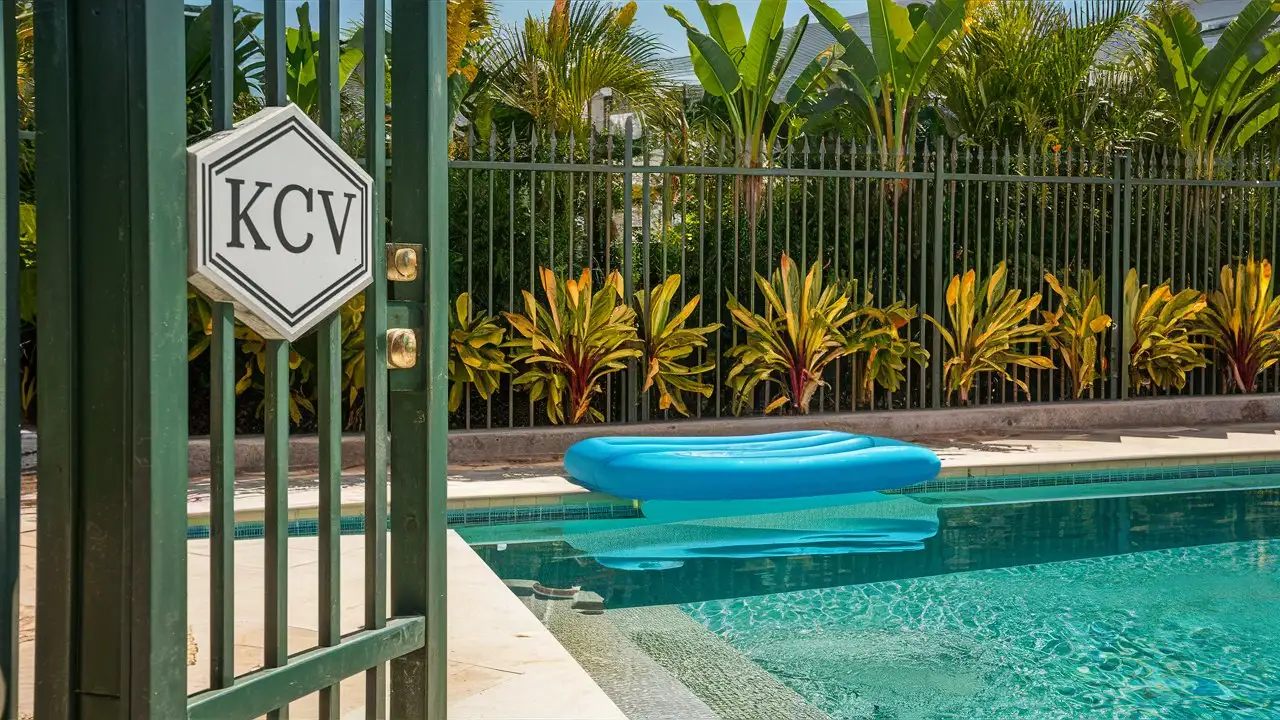 Green solid colored metal gate with “KCV” on it. One gate half opened and you can see a nice neighborhood with swimming pool. A blue flat bed floaty on the pool. Lush tropical plants along the fence.