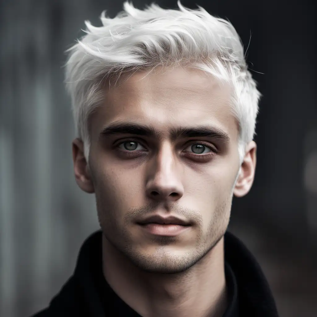 young man, strong facial features, white hair,  coal coloured eyes, strong jawline, beautiful, cute