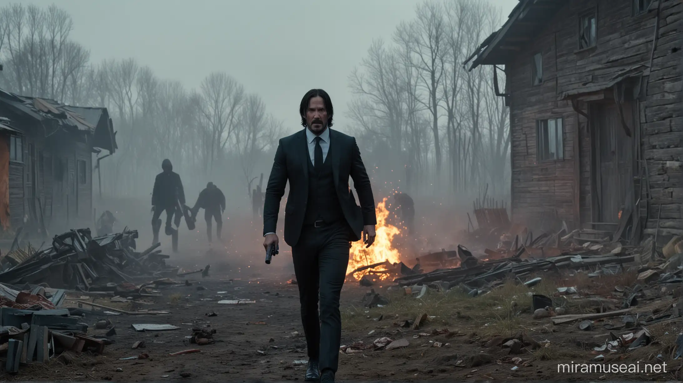 John Wick,fights against zombies in a Russian village
