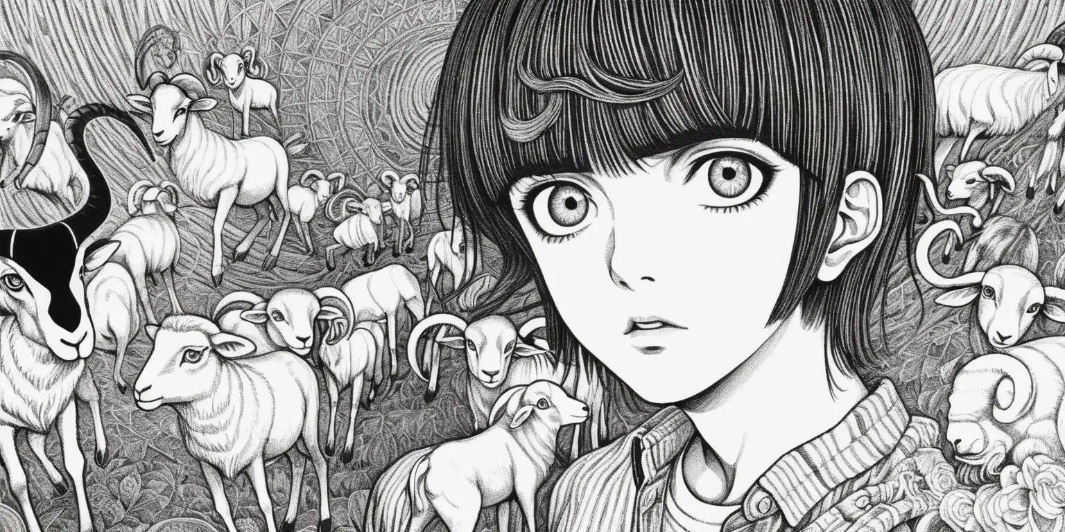 Psychedelic Anime Horror Aries Zodiac Girl with Ram Horns