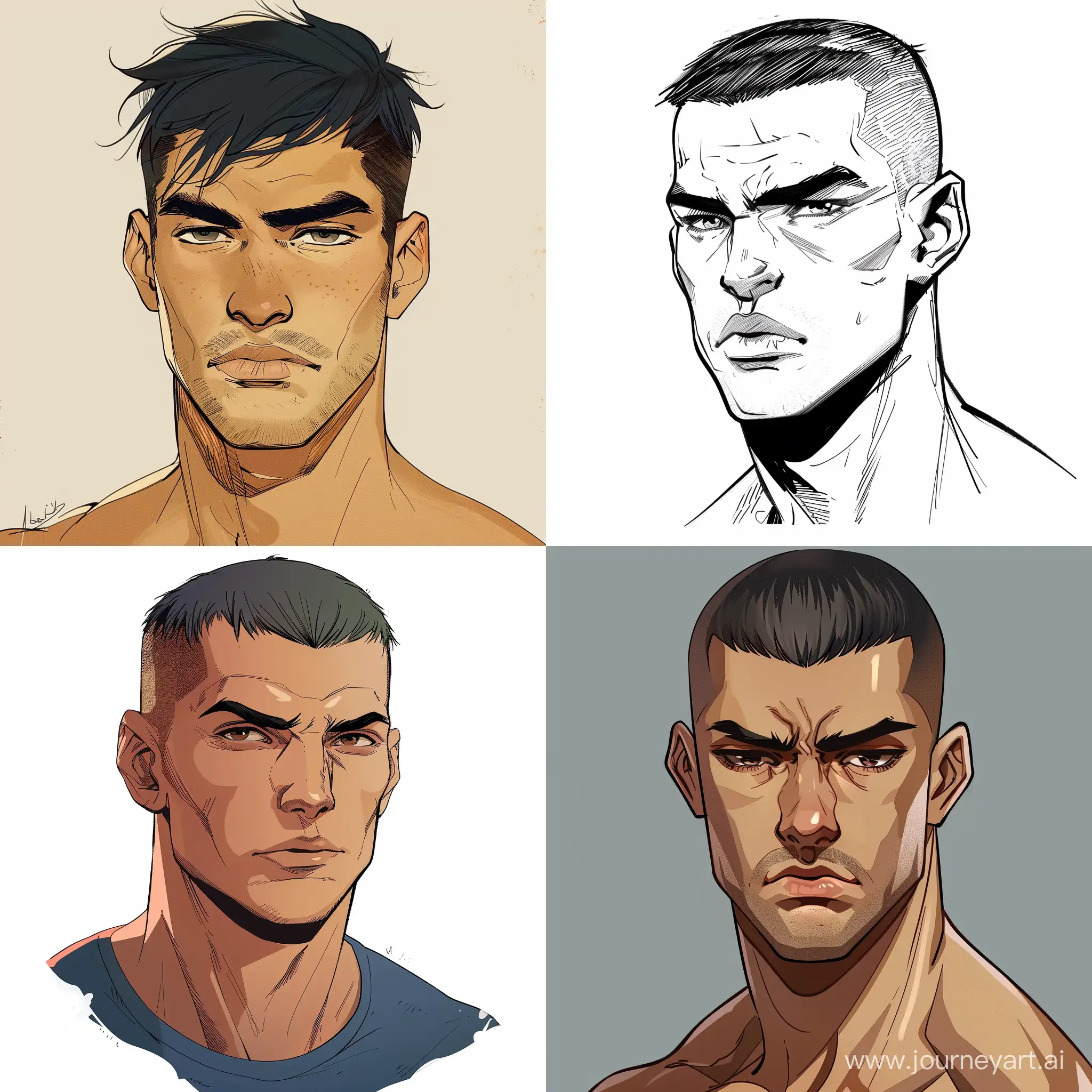a handsome guy about 25 years old with dark hair, he is almost bald, he has very short hair in the style of comics