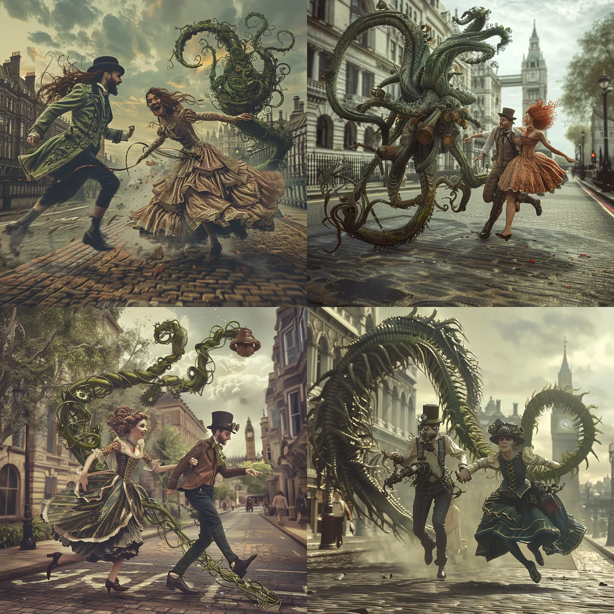 Steampunk-Couple-Fleeing-Victorian-Londons-Angry-Pursuing-Plant
