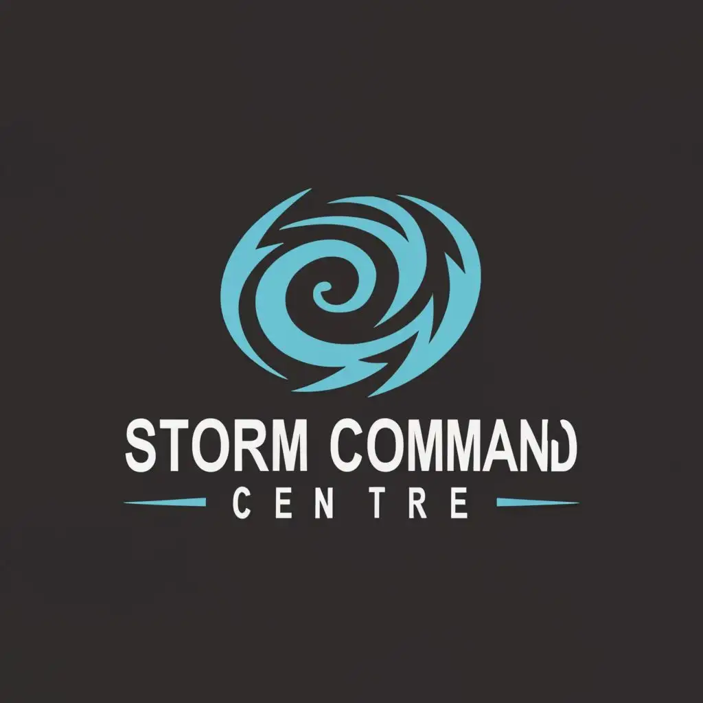 logo, swirl water thunderstorm command control communication, with the text "Storm Command Centre", typography