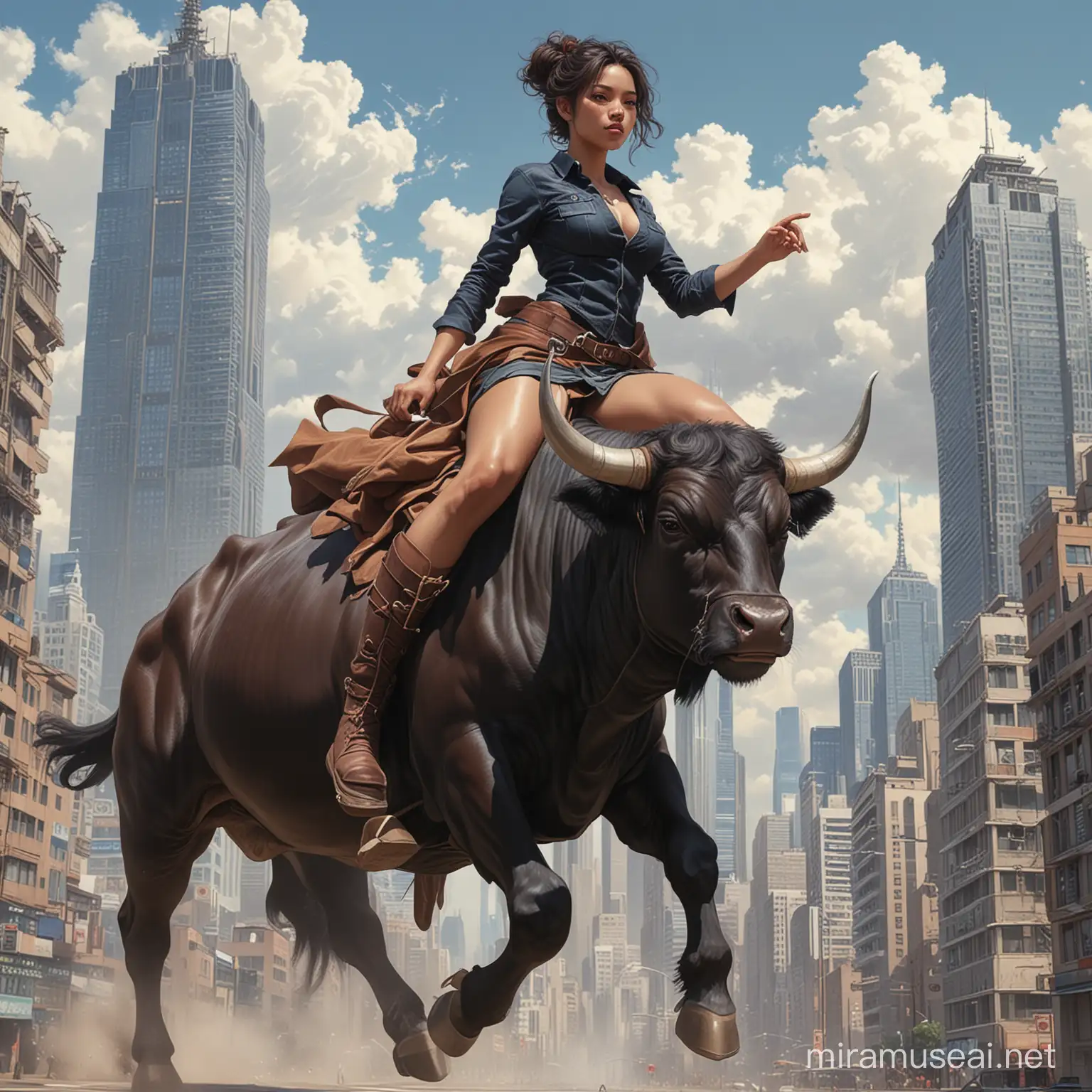 Beast Master Ranger,The image is a painting, drawing, sketch, or cartoon of a person riding a bull. It is an illustration of a fictional character, possibly resembling an anime style.The content is a diagram featuring a skyline with skyscrapers and buildings in a cityscape. It depicts a metropolis with tower blocks and a metropolitan area showcasing urban buildings in a city.Black woman beautiful face is shown.  The woman's body parts such as chest, thigh, stomach, and abdomen are visible.painterly smooth, extremely sharp detail, finely tuned detail, 8 k, ultra sharp focus, illustration, illustration, art by Ayami Kojima Beautiful Thick Black