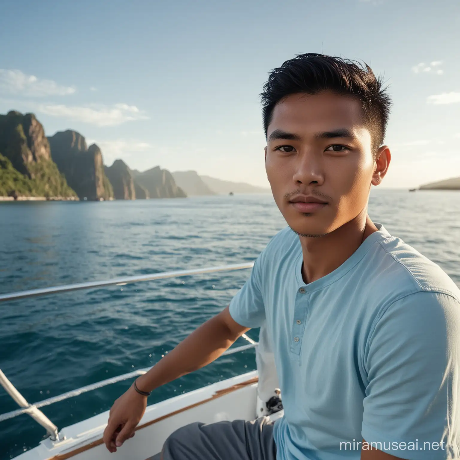 Gambar photo super HD, seorang pria muda Indonesia yang ganteng, kulit putih. Pria tersebut memakai kemeja pendek warna biru terang, sedang duduk di atas kapal yang mewah ditengah laut. Gambar sangat akurat, wajah sangat jelas keaslian nya, efek cahaya sejuk pemandangan di tengah laut. 