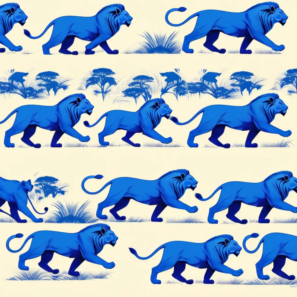 /imagine prompt PRIDE OF SMALL BLUE  LIONS , SAVANNA LANDSCAPES, PRIDE STRUCTURE,HUNTING BEHAVIOR, RUNNING HAND PRINTED