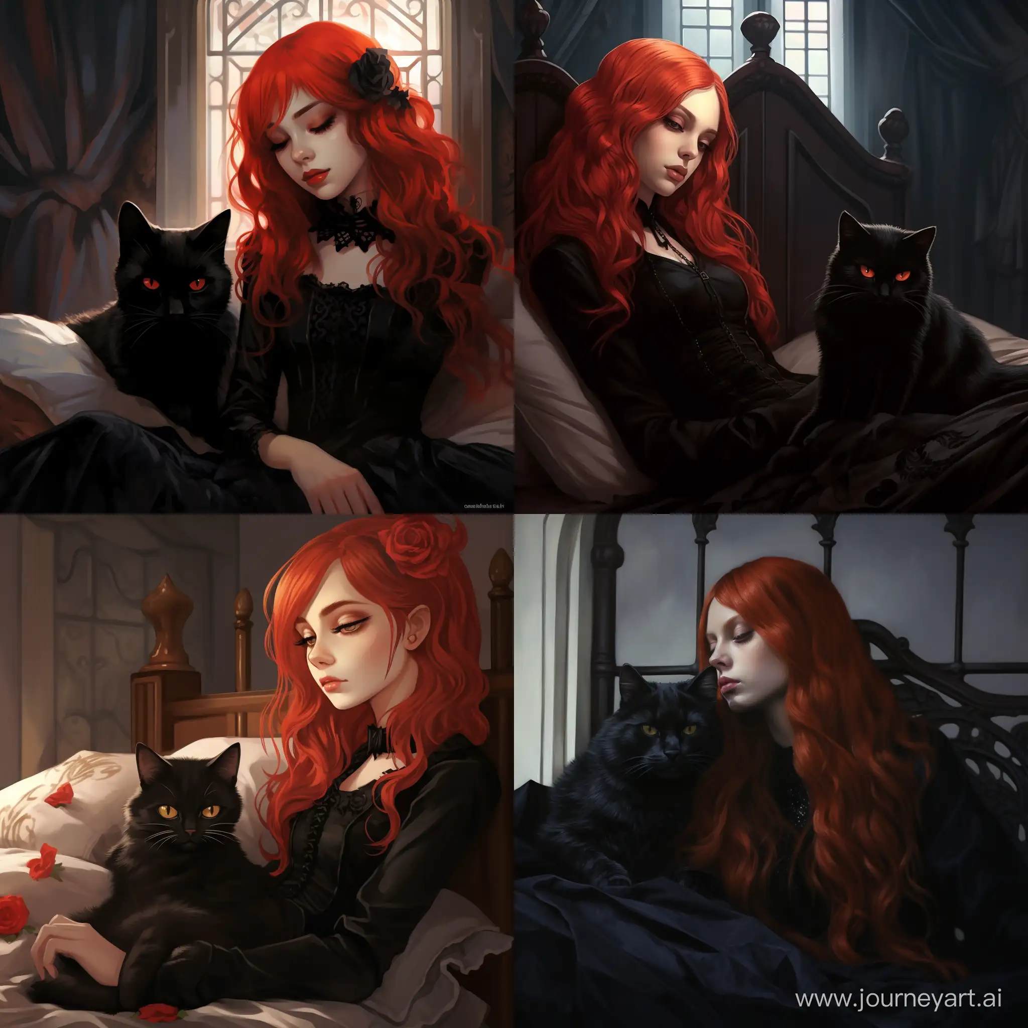 A girl with red hair in a black Gothic dress sleeps on a bed next to a Gothic-style cat

