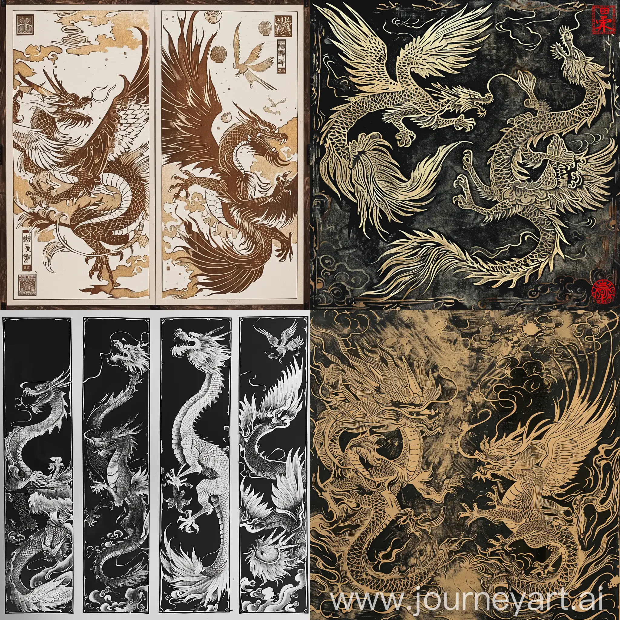 Create a series of woodcut prints with themes of dragons and phoenixes. Each artwork incorporates multiple knife techniques and presents rich levels of variation. The image of dragons and phoenixes is lifelike, with intricate lines and rich details. The posture of dragon and phoenix dance showcases mysterious charm, highlights the theme, and expresses changes and beauty. Each image reflects a unique processing intention, with clear layers, giving a visual impact. Different beauty can also be found in the details, with profound implications.