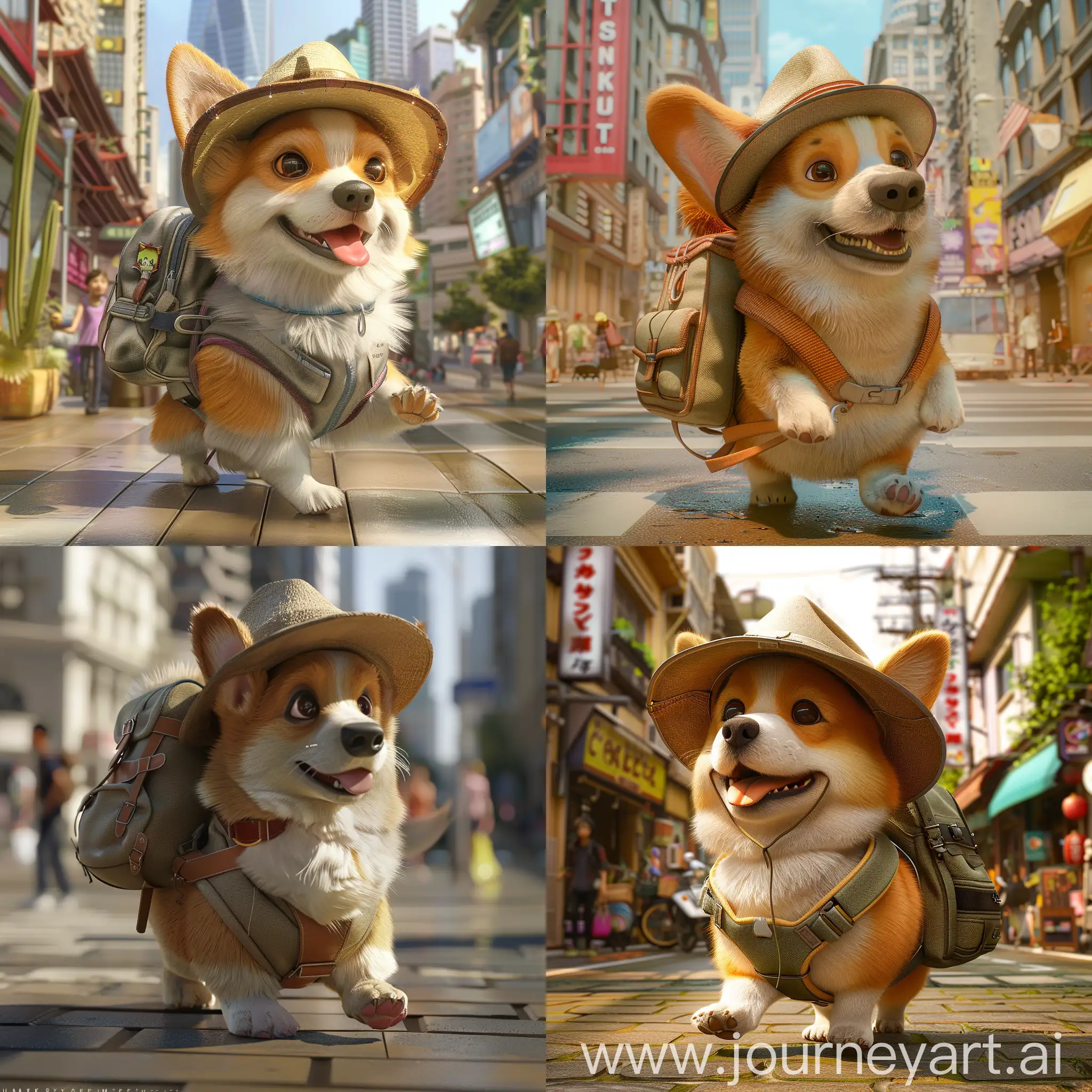 A cute Corgi, wearing a hat and carrying a backpack, going to school, traveling through the city to reach the school, zoomorphism style, detailed, painting, character, detailed, design by mark ryden and pixar and hayao miyazaki, unreal 5, daz, hyperrealistic, octane render.