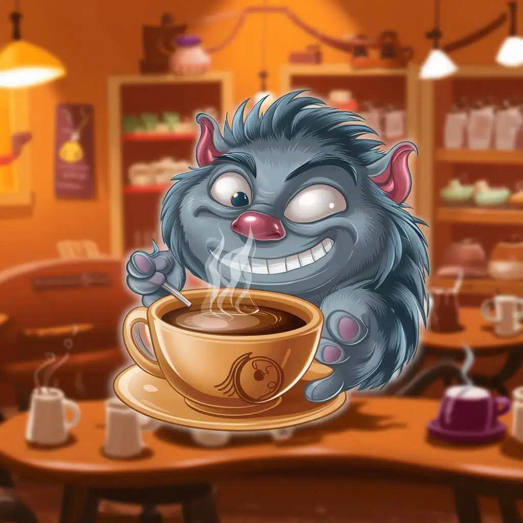 a very sleepy yet funny and cute animal with a cup of coffee