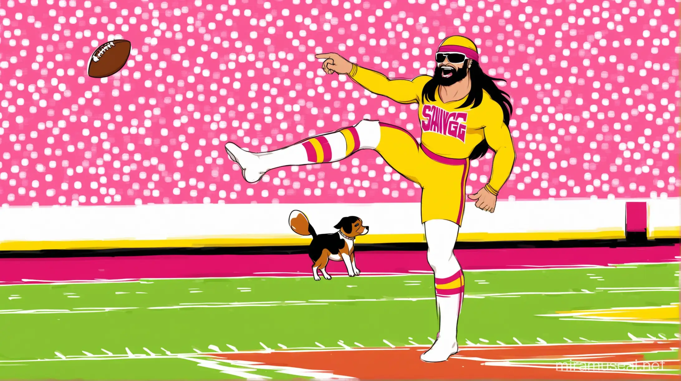 Macho Man Randy Savage, kicking a small dog into the field goal of a football field